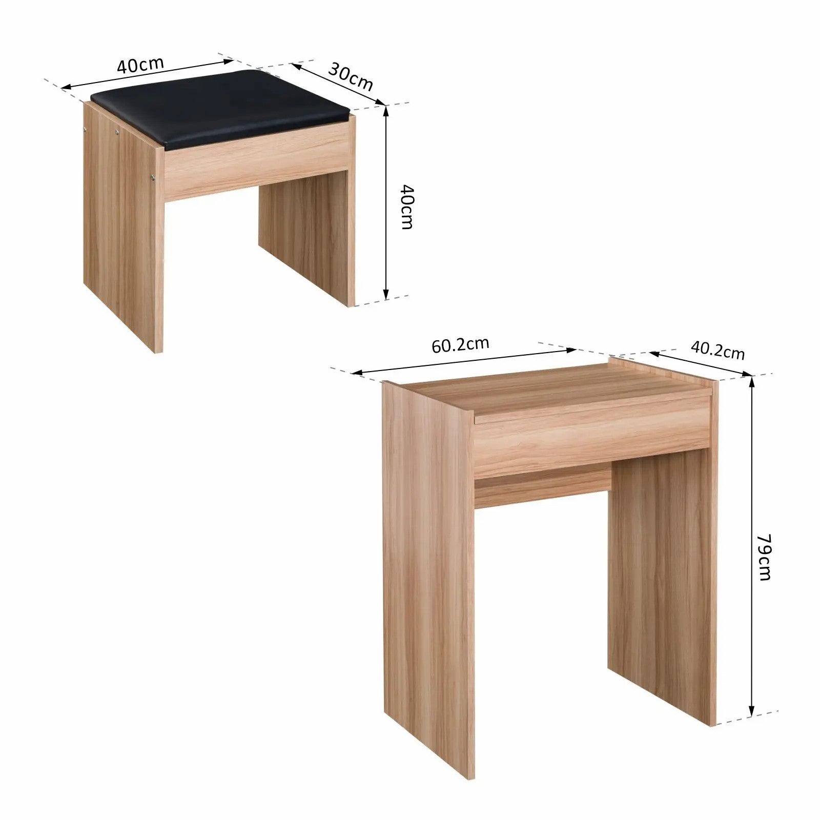 Dressing Table with Mirror and Stool, Flip Up Mirror Storage Padded Seat, Wood