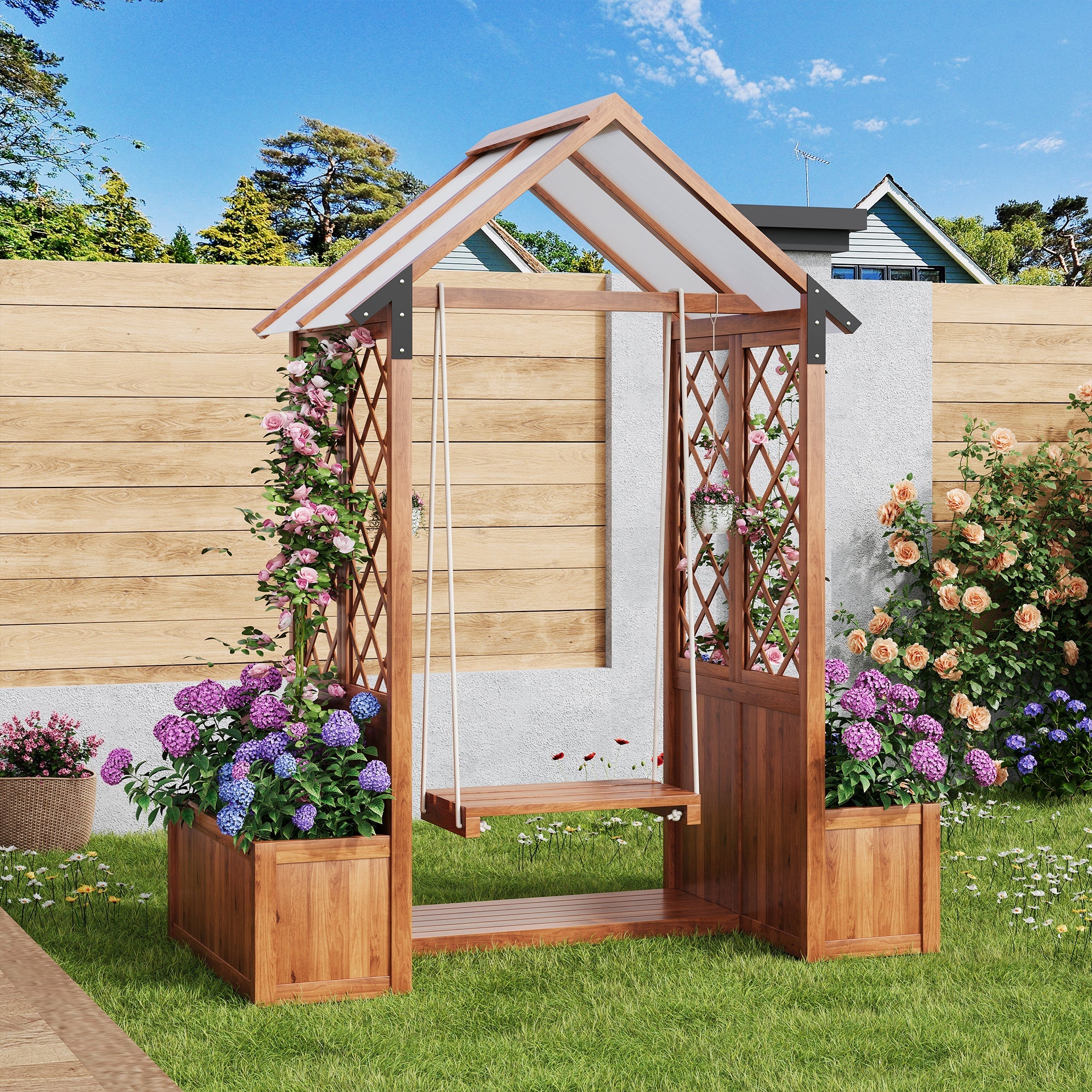 Planter with Trellis and Sunroof, Brown Solid Wood