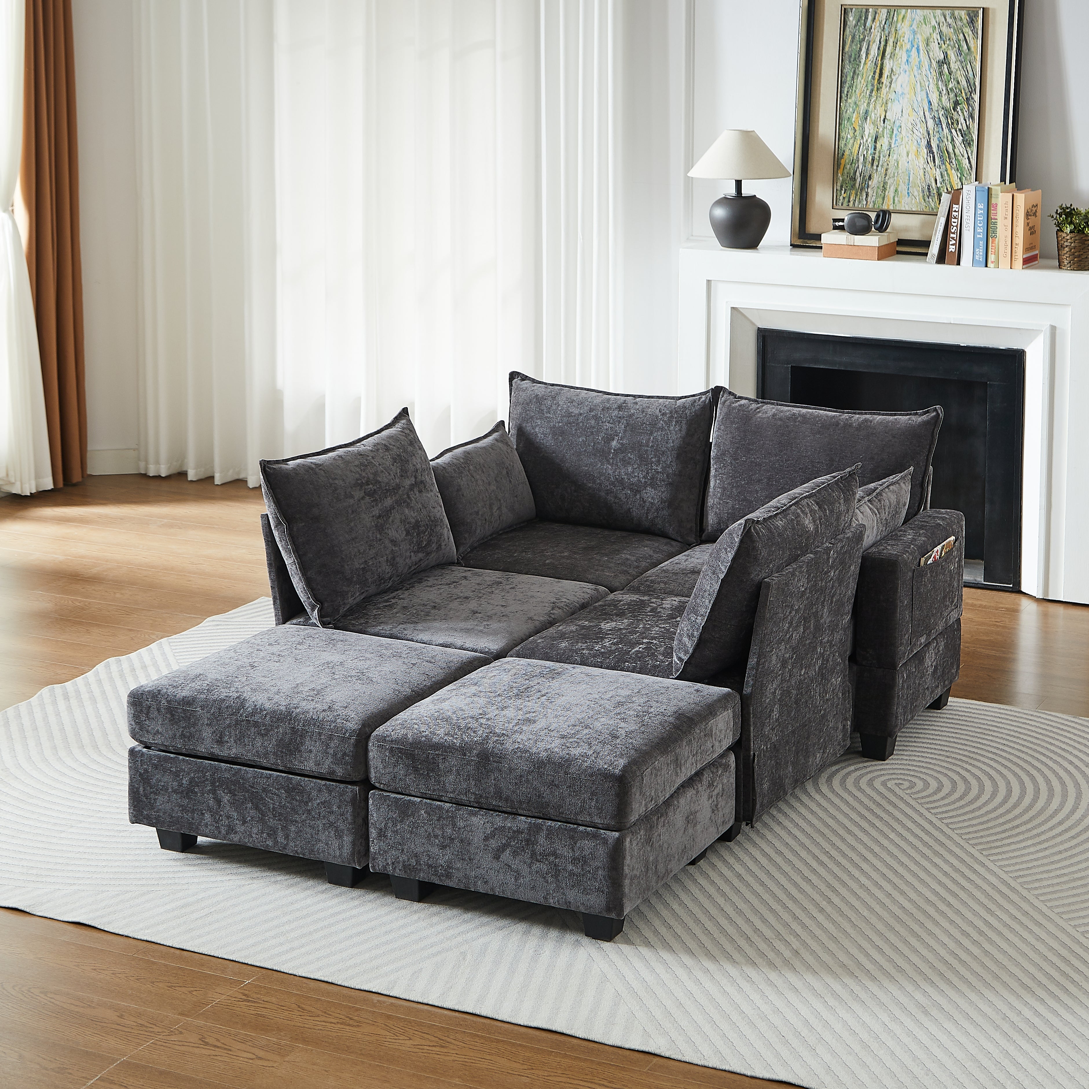Modular Sofa U-Shaped 6-Seater Chaise Longue Storage Ottoman Chenille