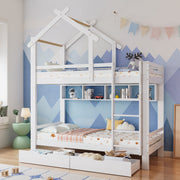 Bunk Bed with Drawers, Shelves & Ladder, Pinewood Frame, White
