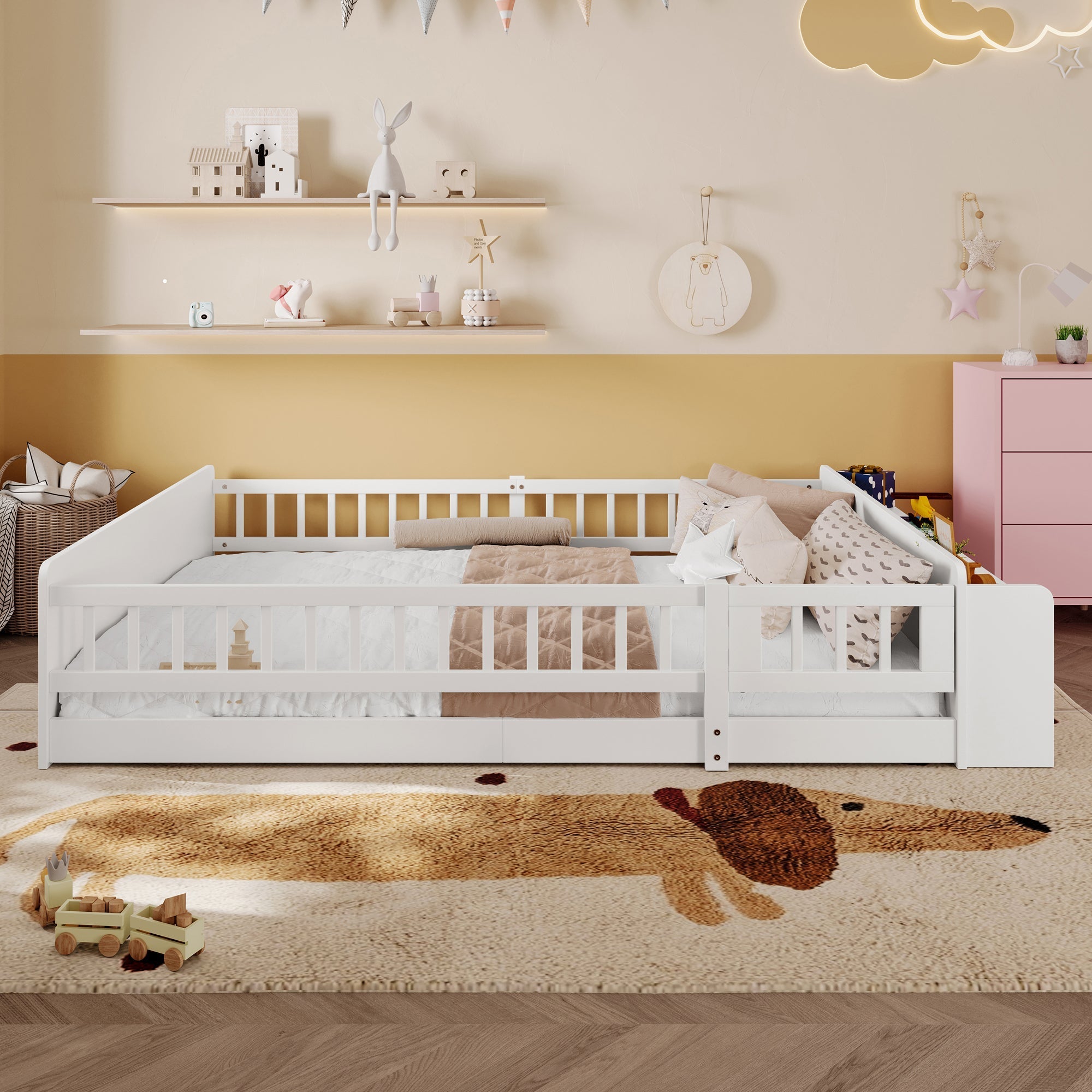 Children's Wooden Bed 140x190cm Open Storage Shelves Opening Case - Pine White