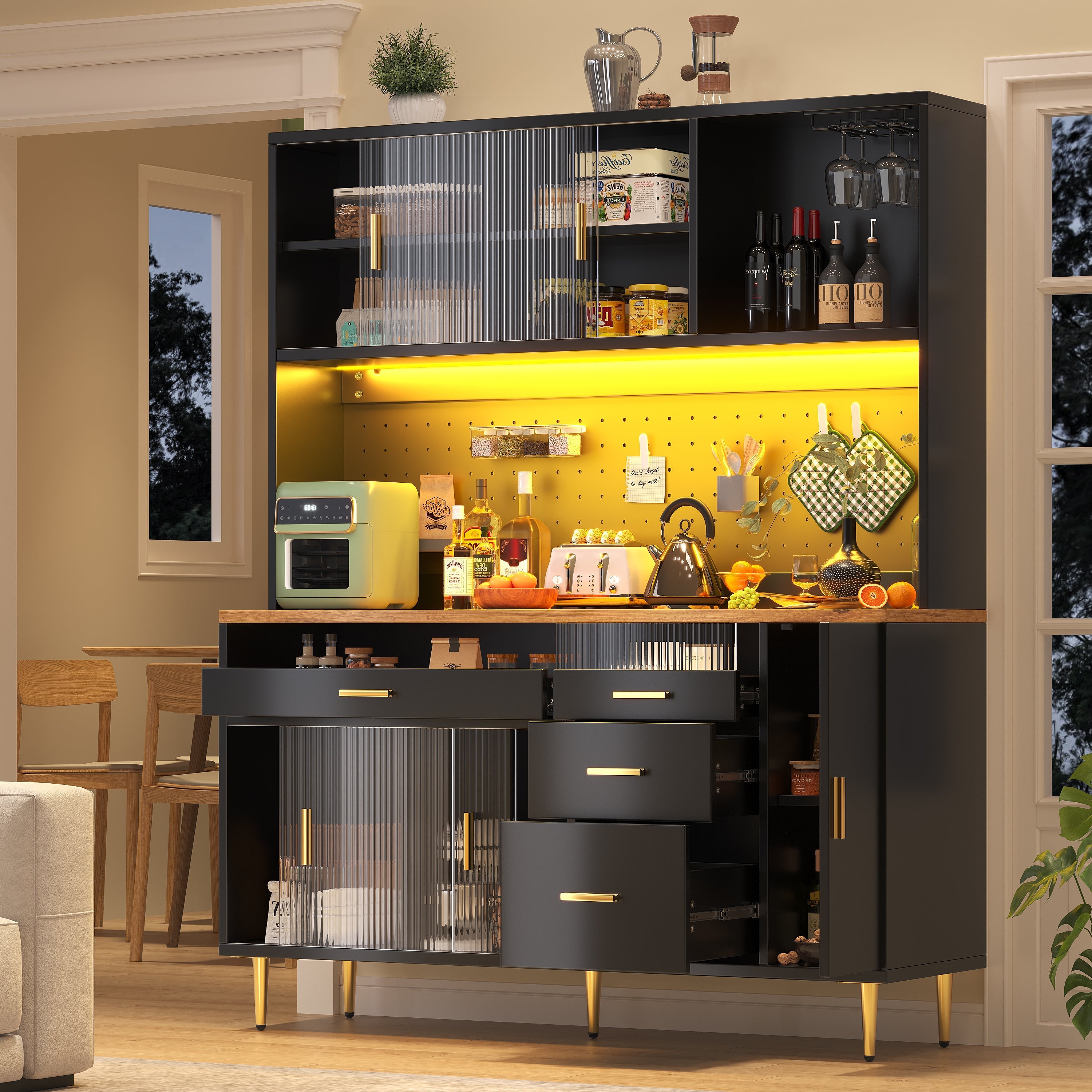 Tall Cabinet LED Lighting Pegboard Shelves Black