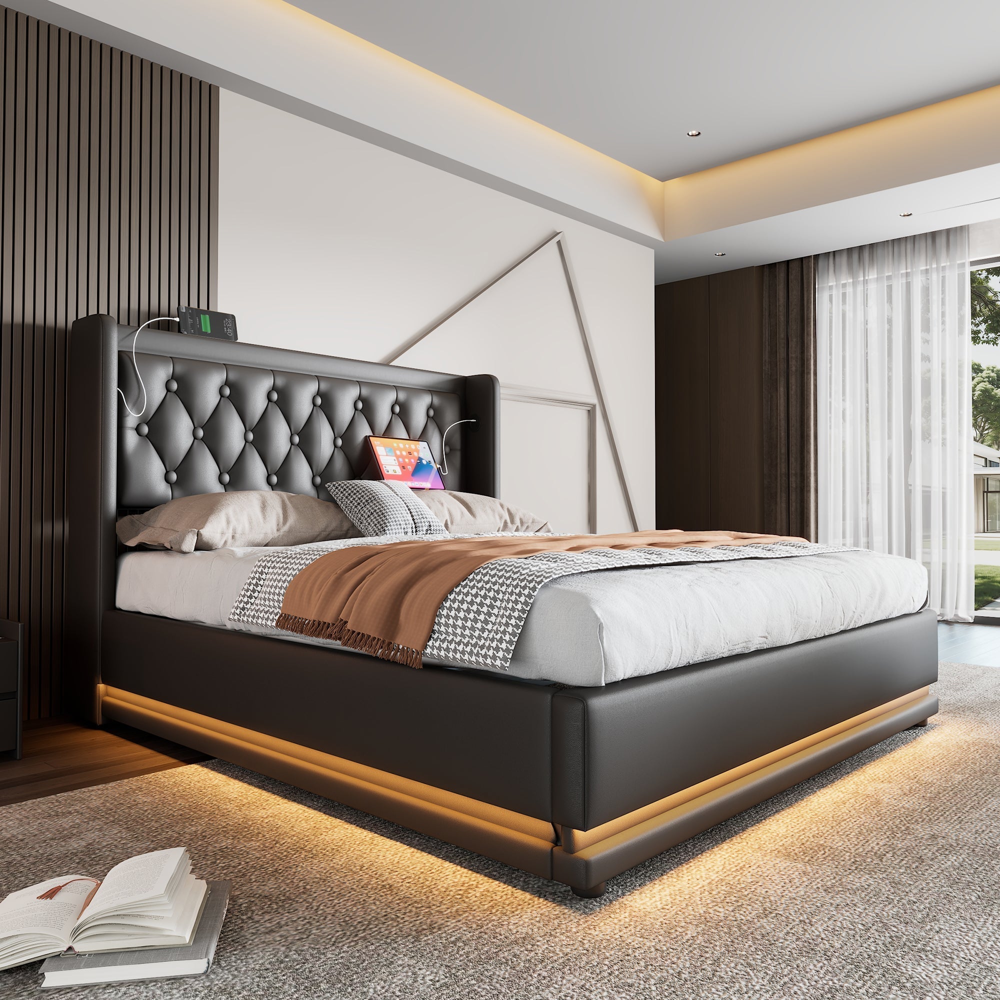Upholstered Double Bed, 140x200cm Hydraulic Storage with USB Type-C Charging & 3-Sided LED, Black PU