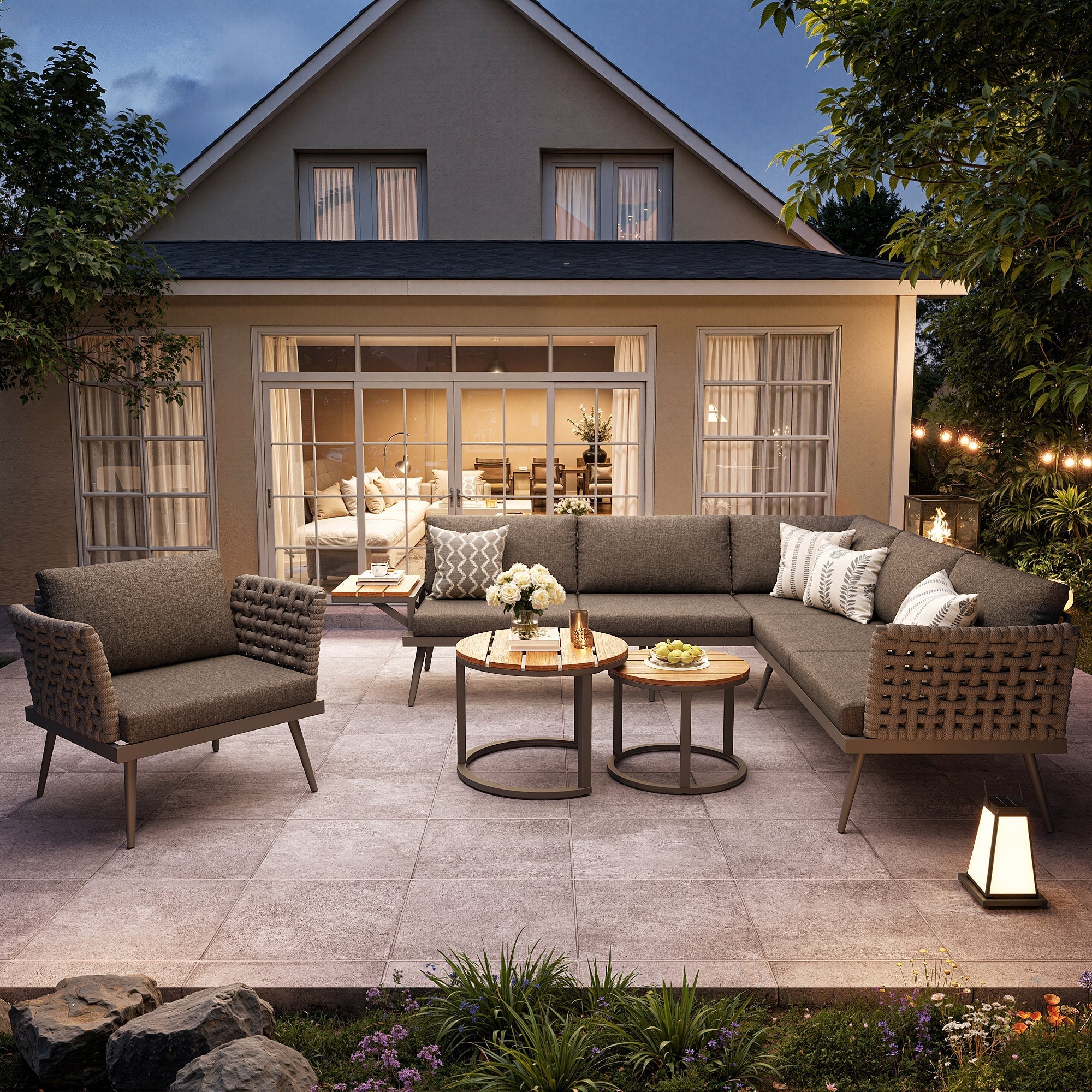 L-Shaped Garden Sofa Set with Coffee Tables and Armchairs, Grey and Beige