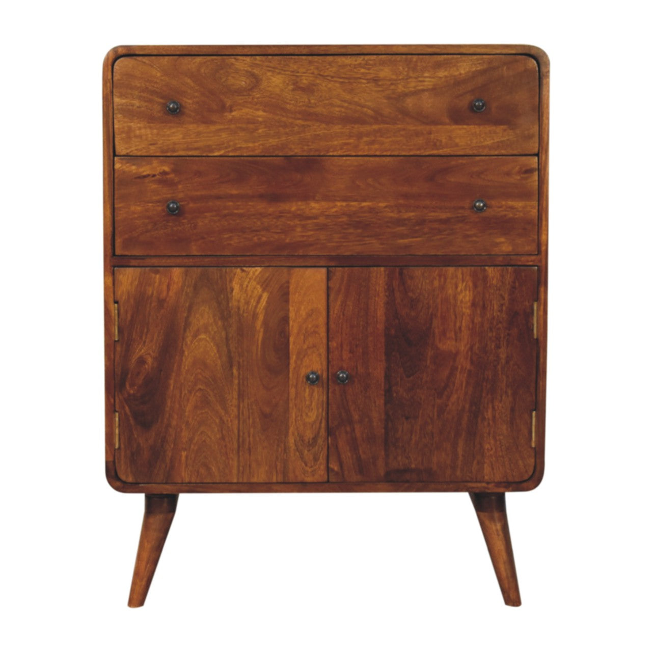 Solid Wood Curved Nordic Charm Cabinet, 2 Drawers, 2 Doors, Brown