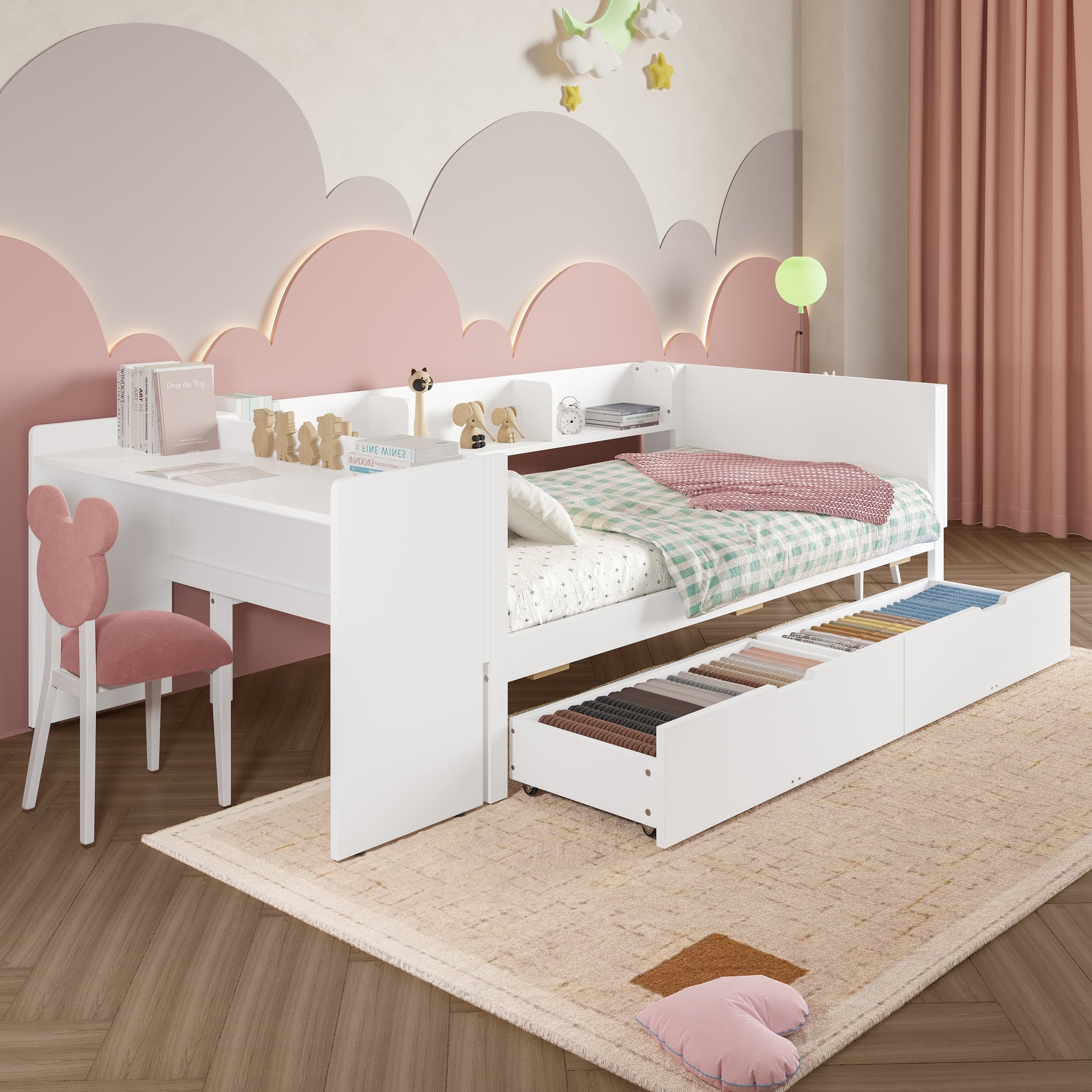 Single Bed 90x200cm Desk 2 Drawers Shelves - White Wood