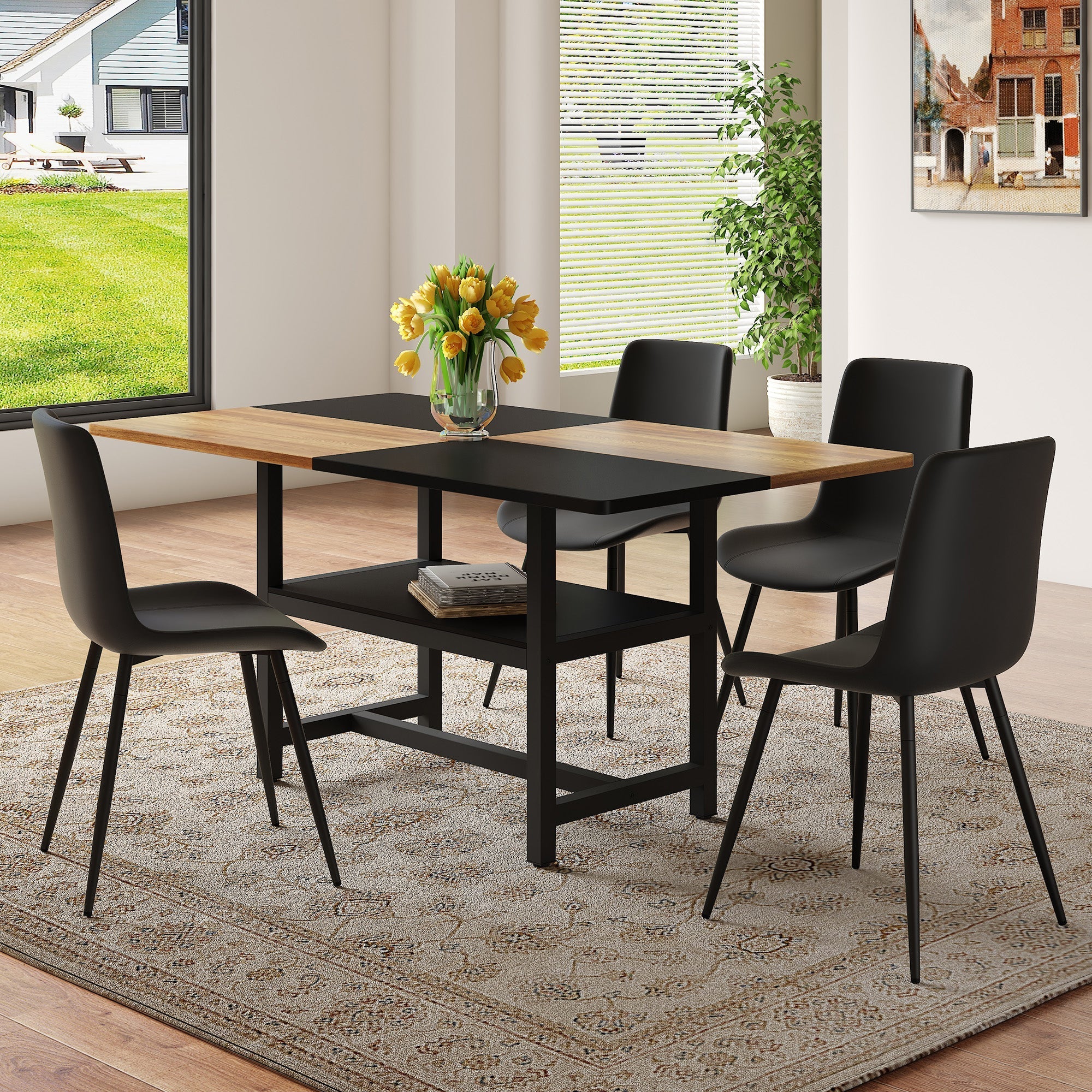 Dining Table Set 160cm Rectangular Storage 4 Chairs - Black PU