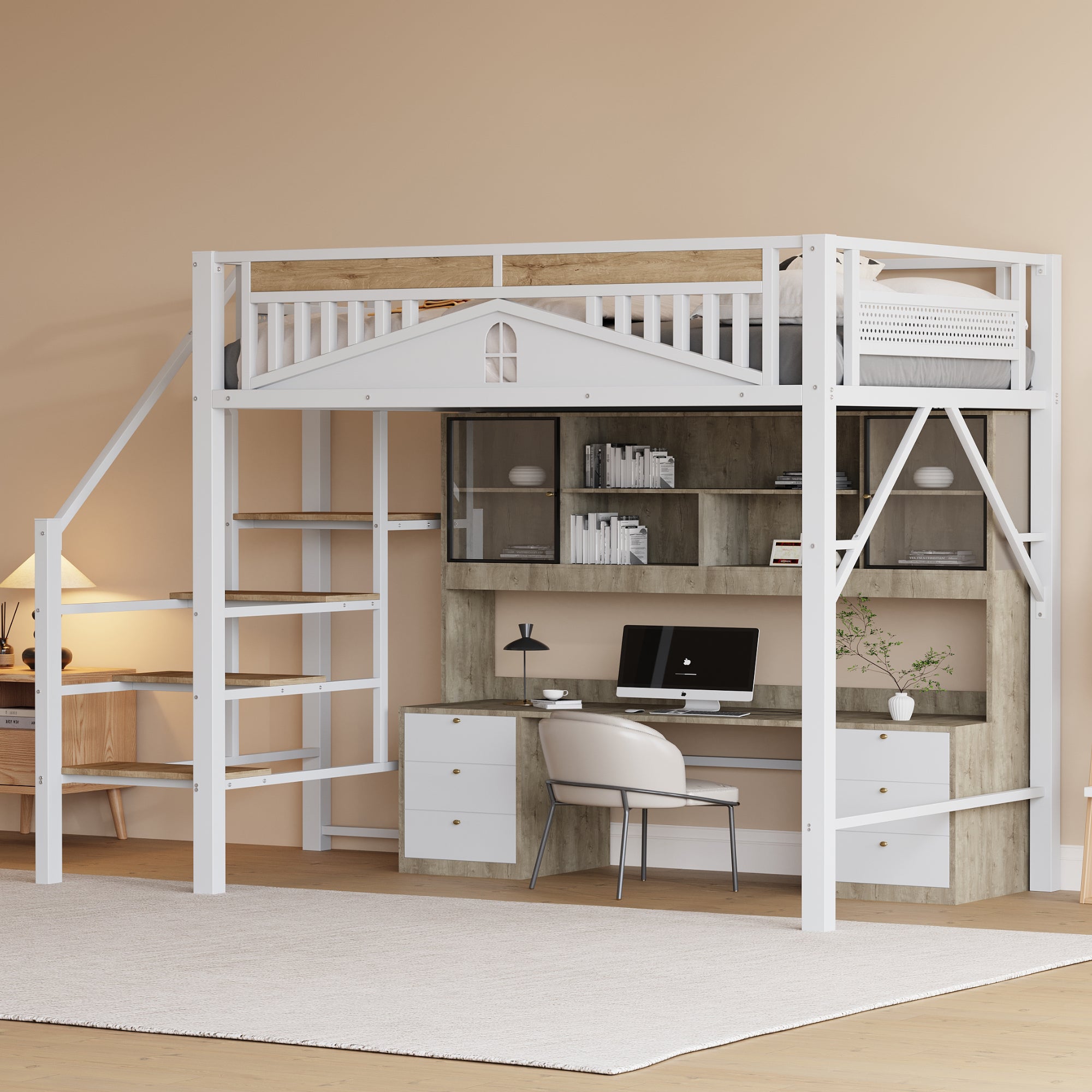 Metal Loft Bed, 140x200cm with Window Design, Safety Ladder, Storage, White