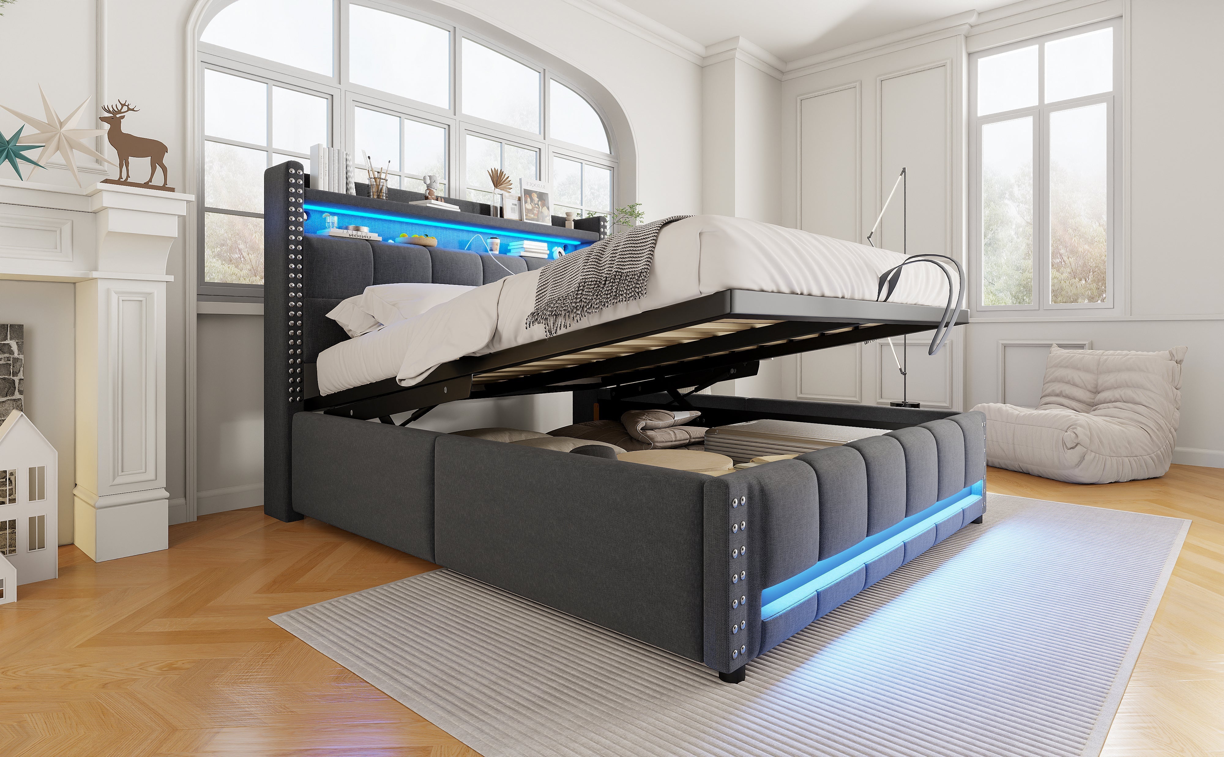 Upholstered Bed 140*200cm, LED & USB, Hydraulic Storage, Linen Fabric Grey