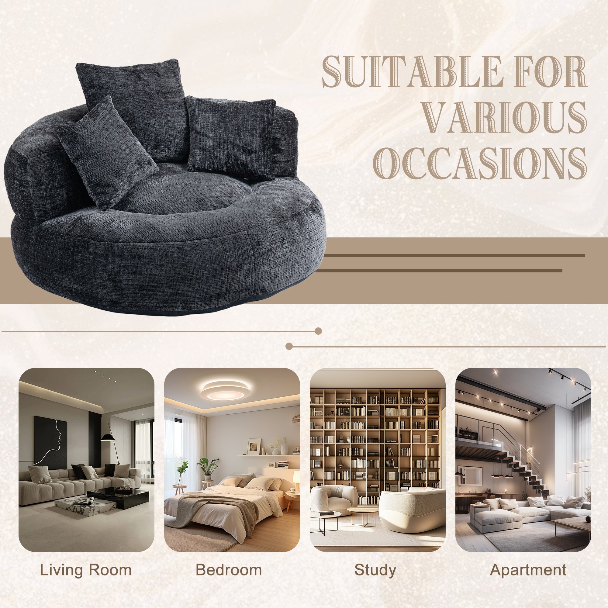 COOLMORE Lazy Sofa Durable Comfort Lounger High Back Bean Bag Chair Couch with Three Pillows, Black Chenille