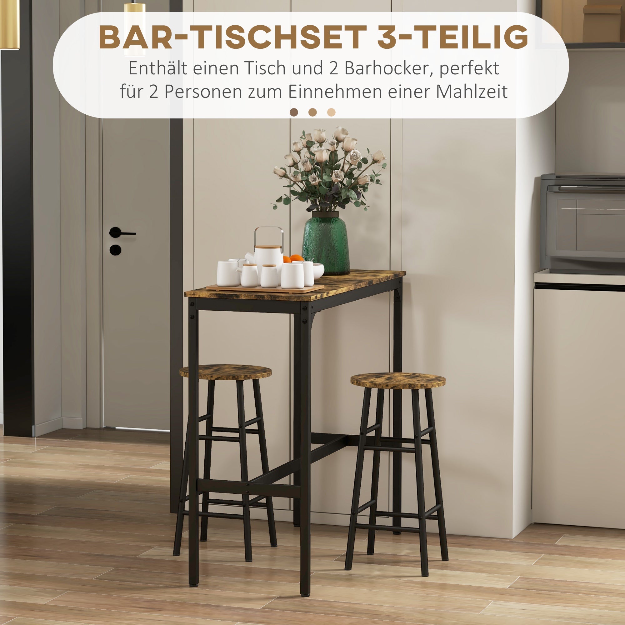 Bar Table Set, 3-Piece with 2 Bar Stools, Steel, Rustic Brown