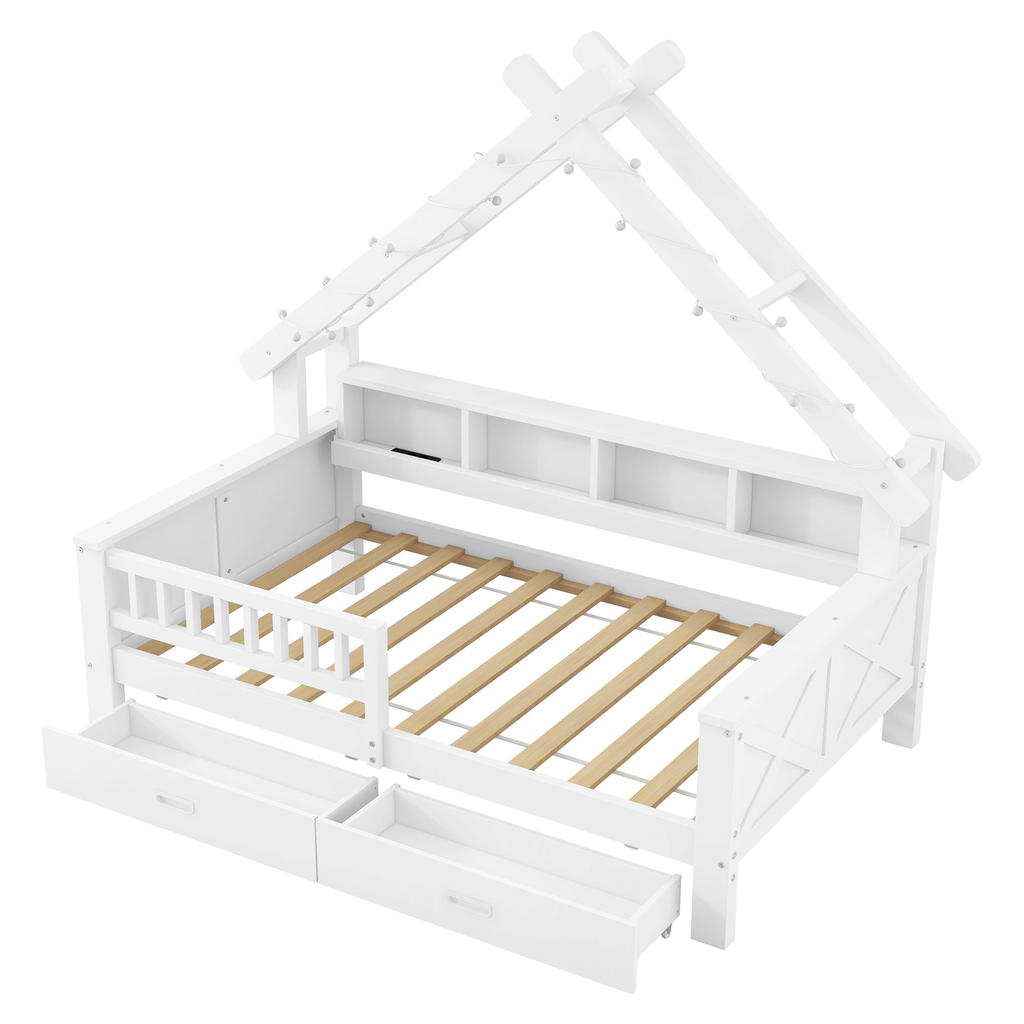 Wooden House Platform Bed with LED Lighting, Storage and Safety Rails, White