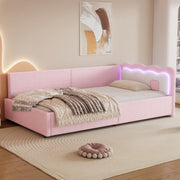 Daybed Sofa Bed with LED Ambient Light and Slatted Base, Pink Imitation Fleece