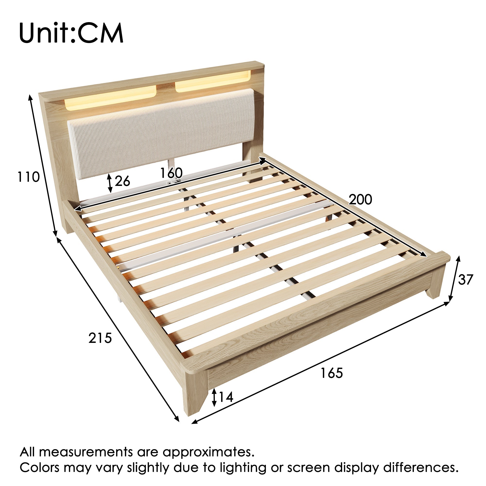 Double Wooden Bed, 160x200cm LED Headboard with Storage, Light Oak
