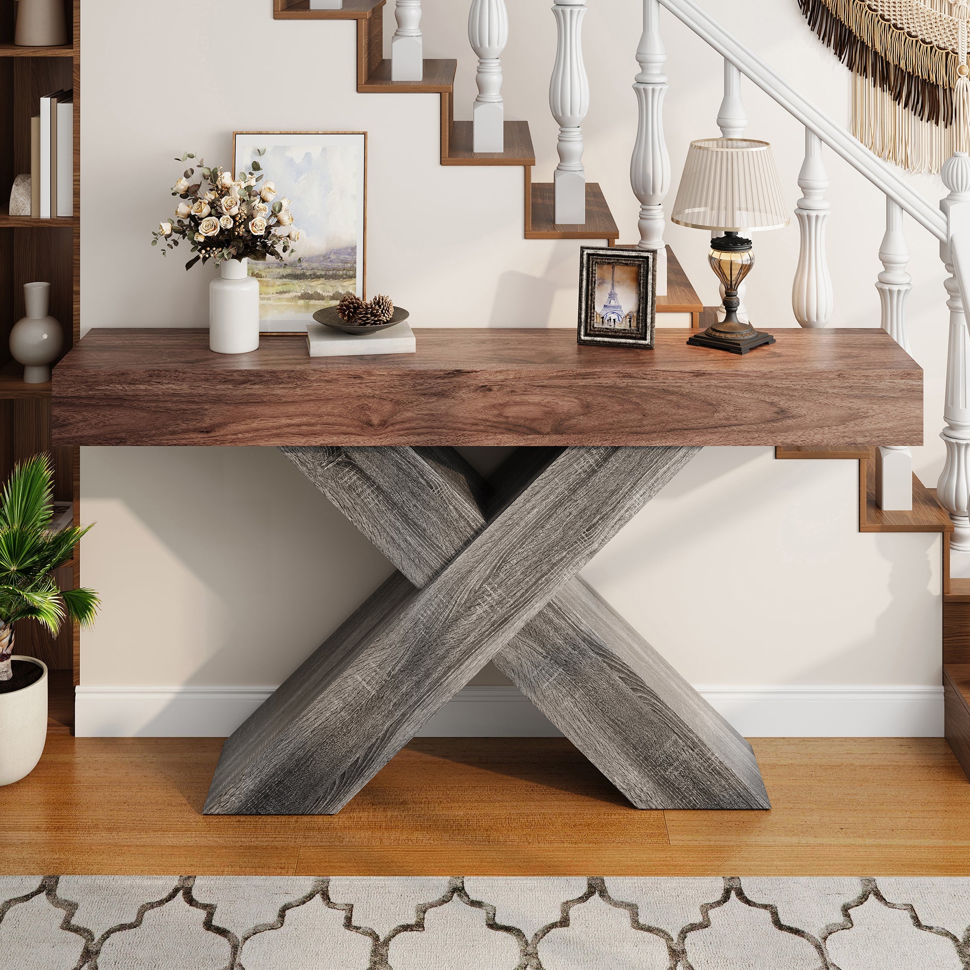 Console Table with X-Shaped Legs, Narrow Side Table for Hallway and Living Room, Wood Look Chipboard