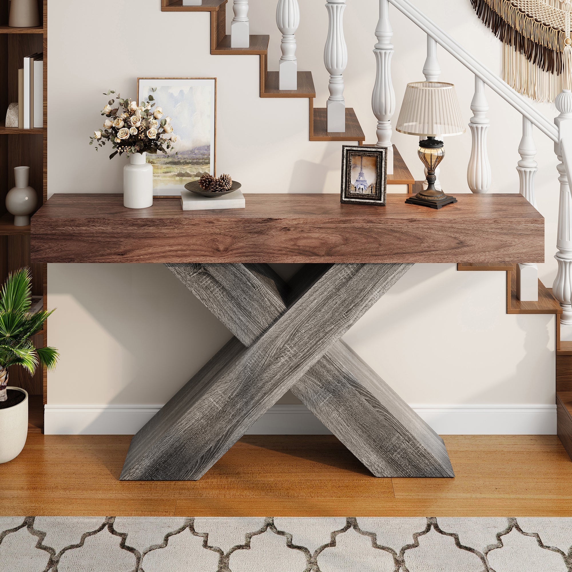 Console Table with X-Shaped Legs, Narrow Side Table for Hallway and Living Room, Wood Look Chipboard