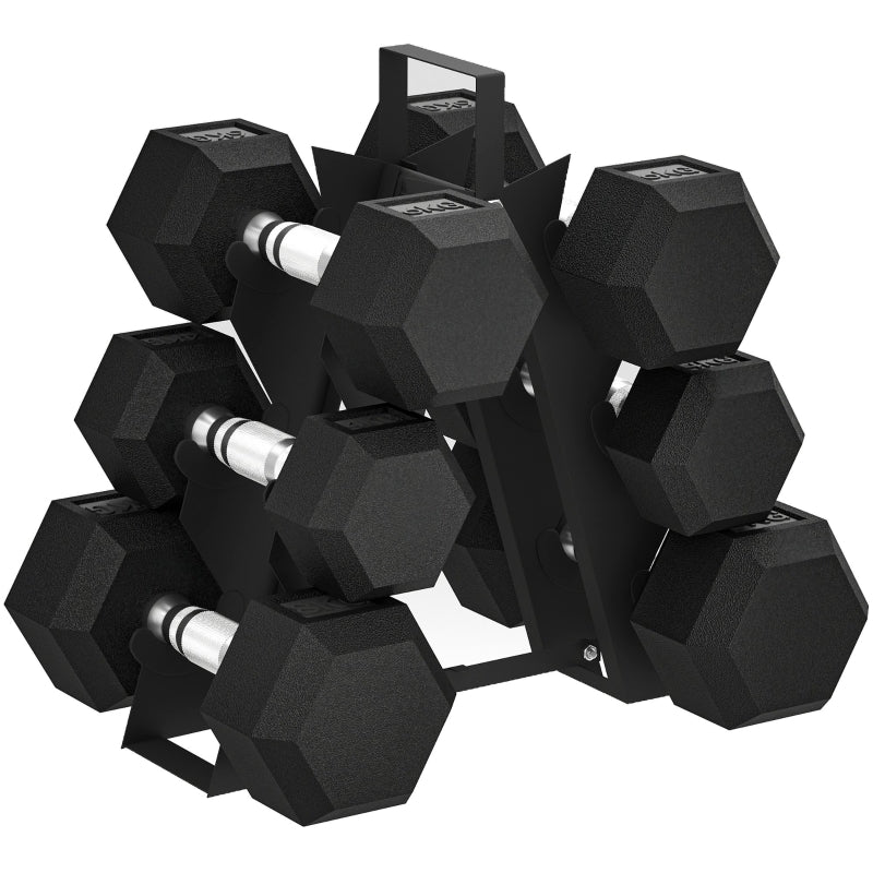 Hex Dumbbell Set with Storage Rack and Handles, Rubber Coated