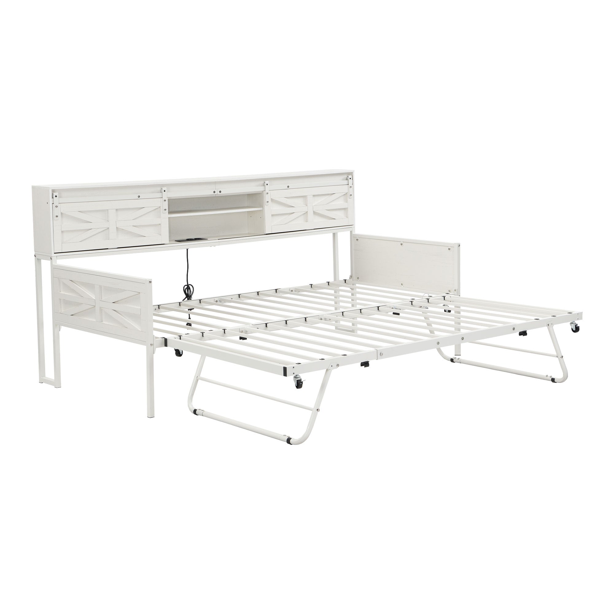 Multifunctional Iron Daybed with Storage Shelves and Pull-out Bed, White/Black Metal