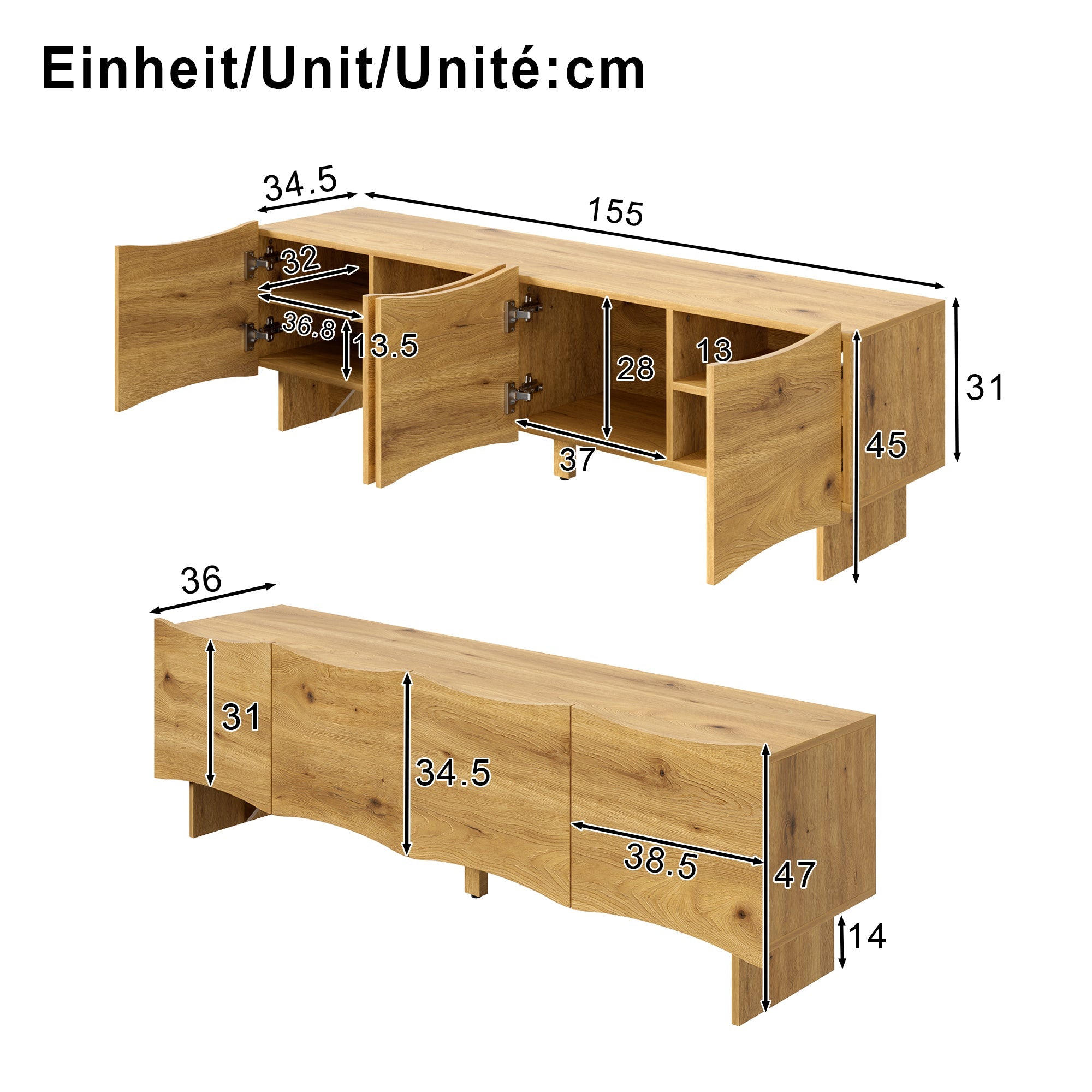 Modern TV Cabinet, 155cm Media Console with 4 Doors & Storage, Wood Look