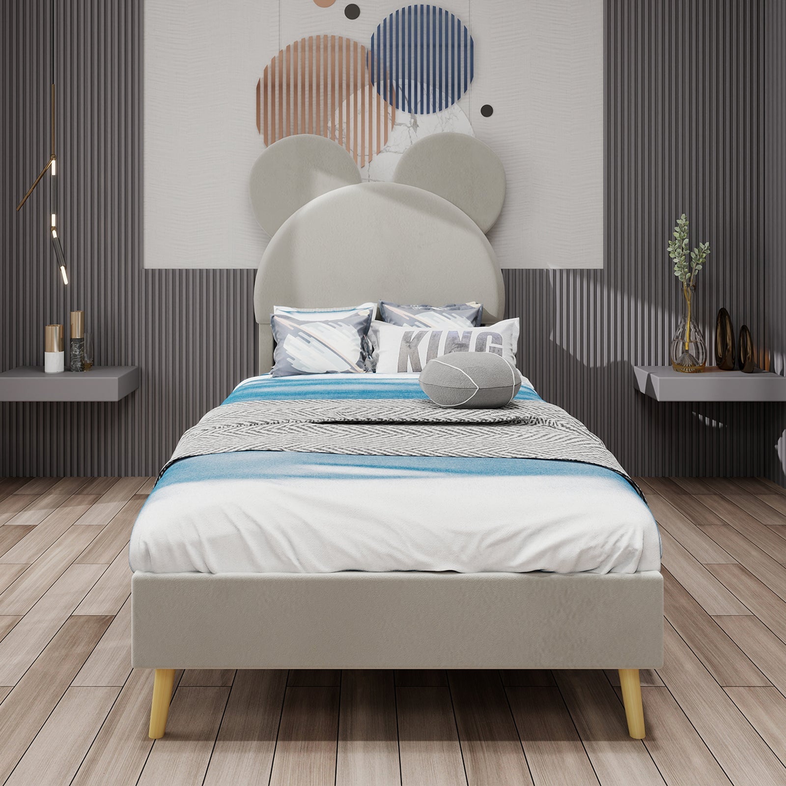 Upholstered Bed, Modern Minimalist Cartoon-Themed Headboard, 90x200 cm, Beige