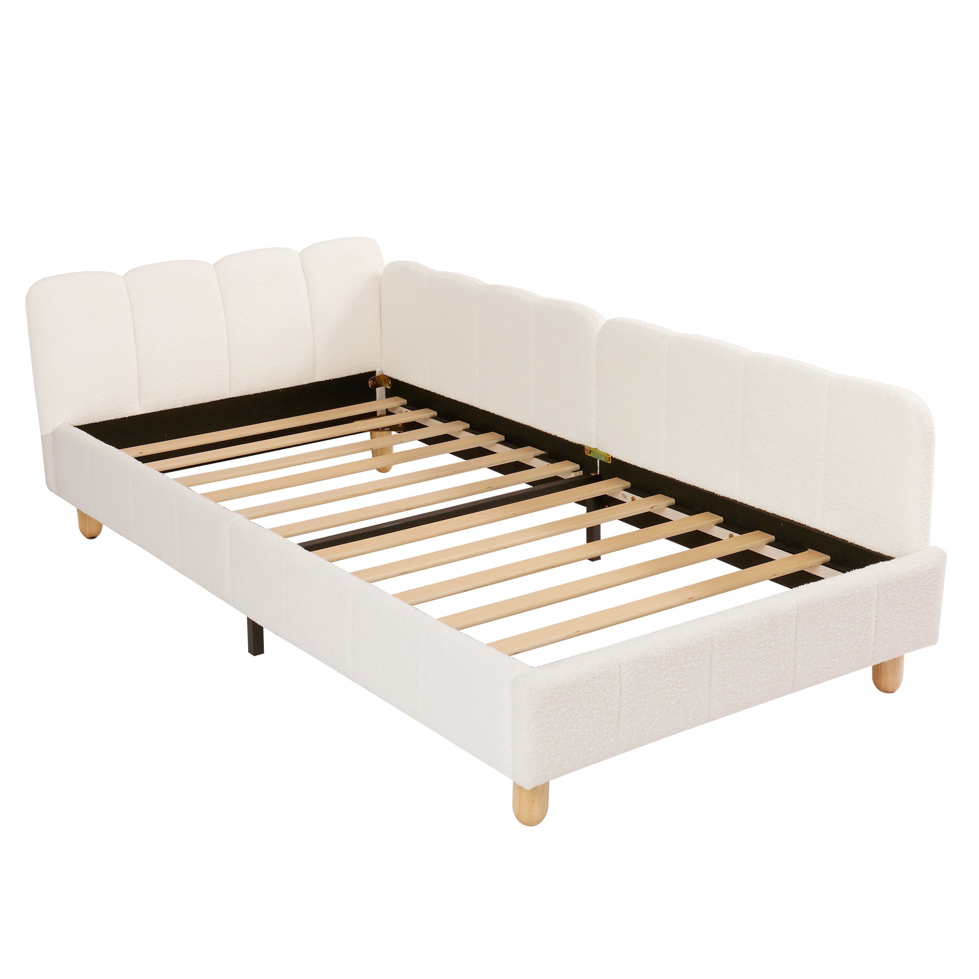 Upholstered Children's Bed, 90x200cm Single Bed with Safety Rail and Solid Wood Legs, Beige Bouclé