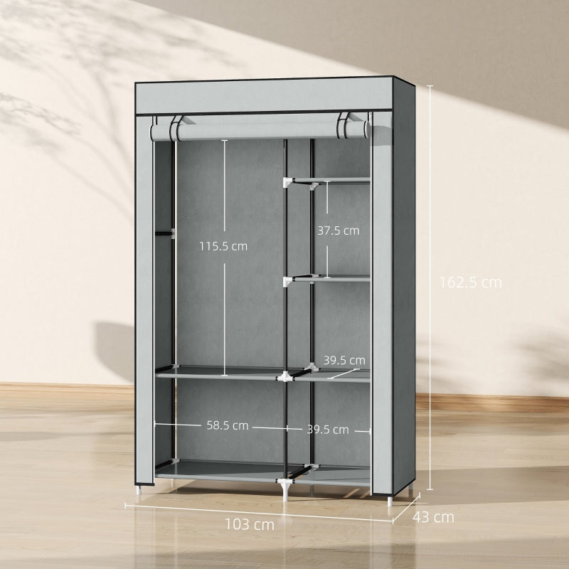 Fabric Wardrobe Portable, 6 Shelves 1 Hanging Rail Foldable Closet, Light Grey