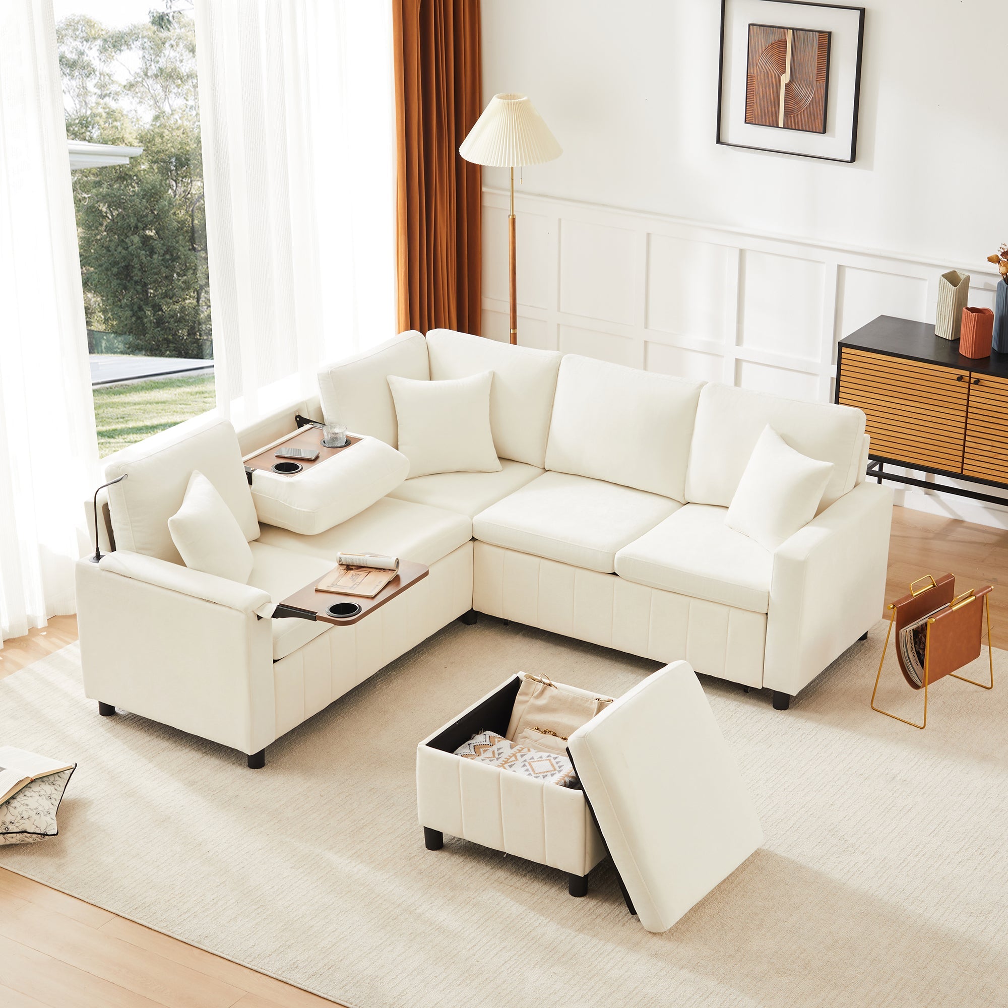 Chenille Corner Sofa Bed with Ottoman and USB Charging, Beige