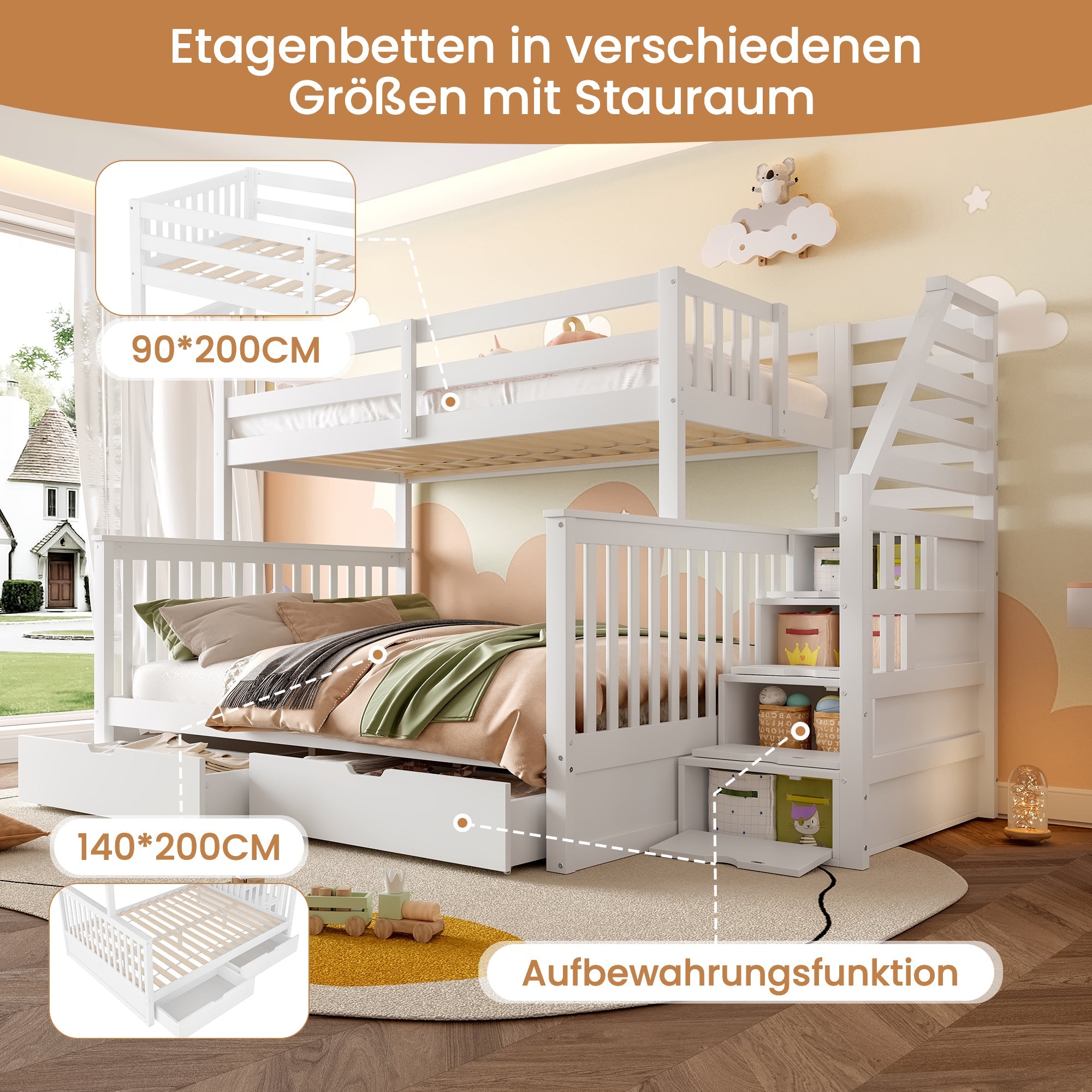 Multifunctional Bunk Bed with Storage Drawers, 90x200cm over 140x200cm, White