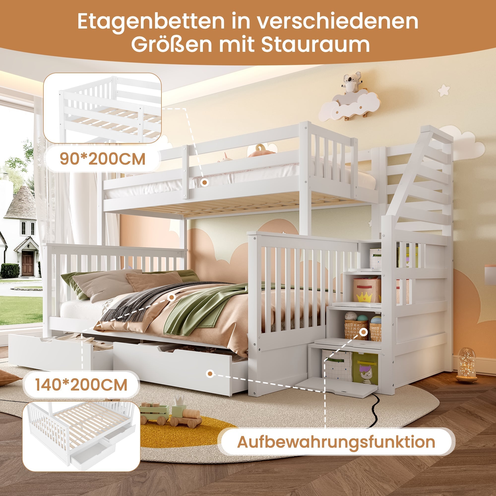 Multifunctional Bunk Bed with Storage Drawers, 90x200cm over 140x200cm, White