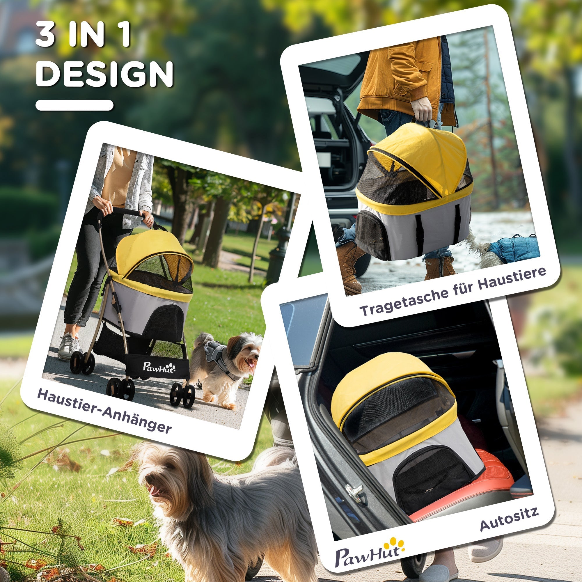 Dog Stroller, Foldable 2-in-1, 4 Wheels, Oxford Fabric, Yellow