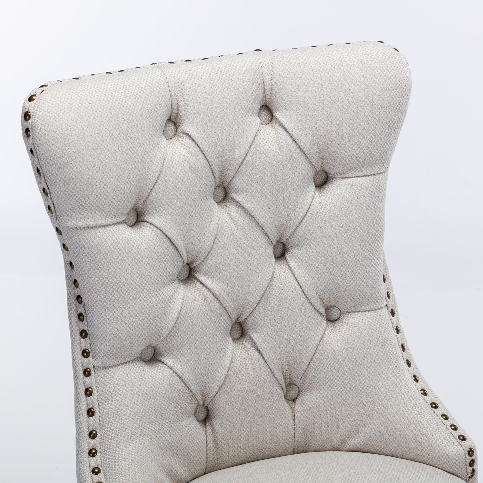 Nikki Collection Tufted Linen Dining Chair Nailhead Trim Wood Legs 2-Pcs Set - Beige - Clearance