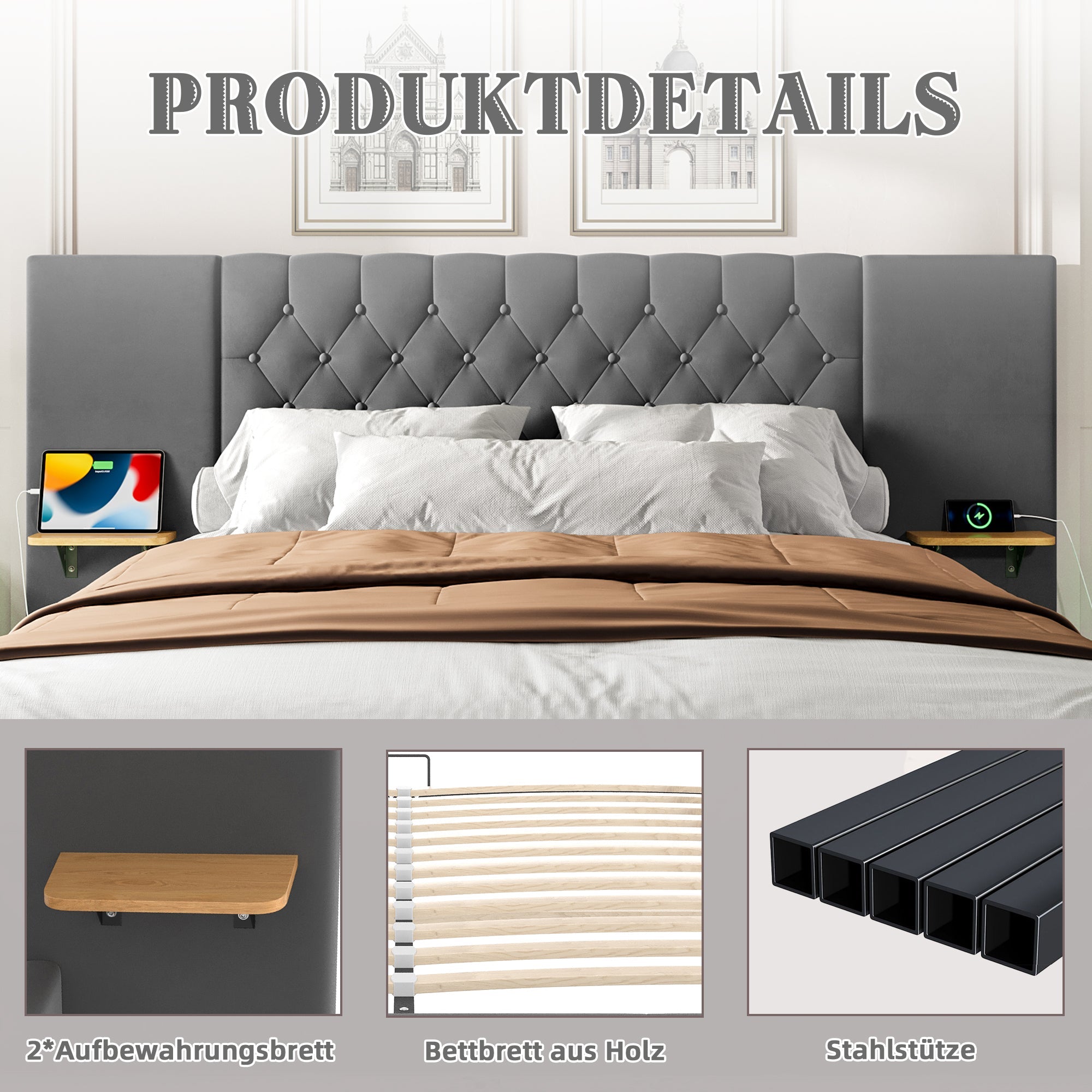 Bed Frame, 140x200cm, Wide Headboard, LED, USB, Hydraulic Lift Storage