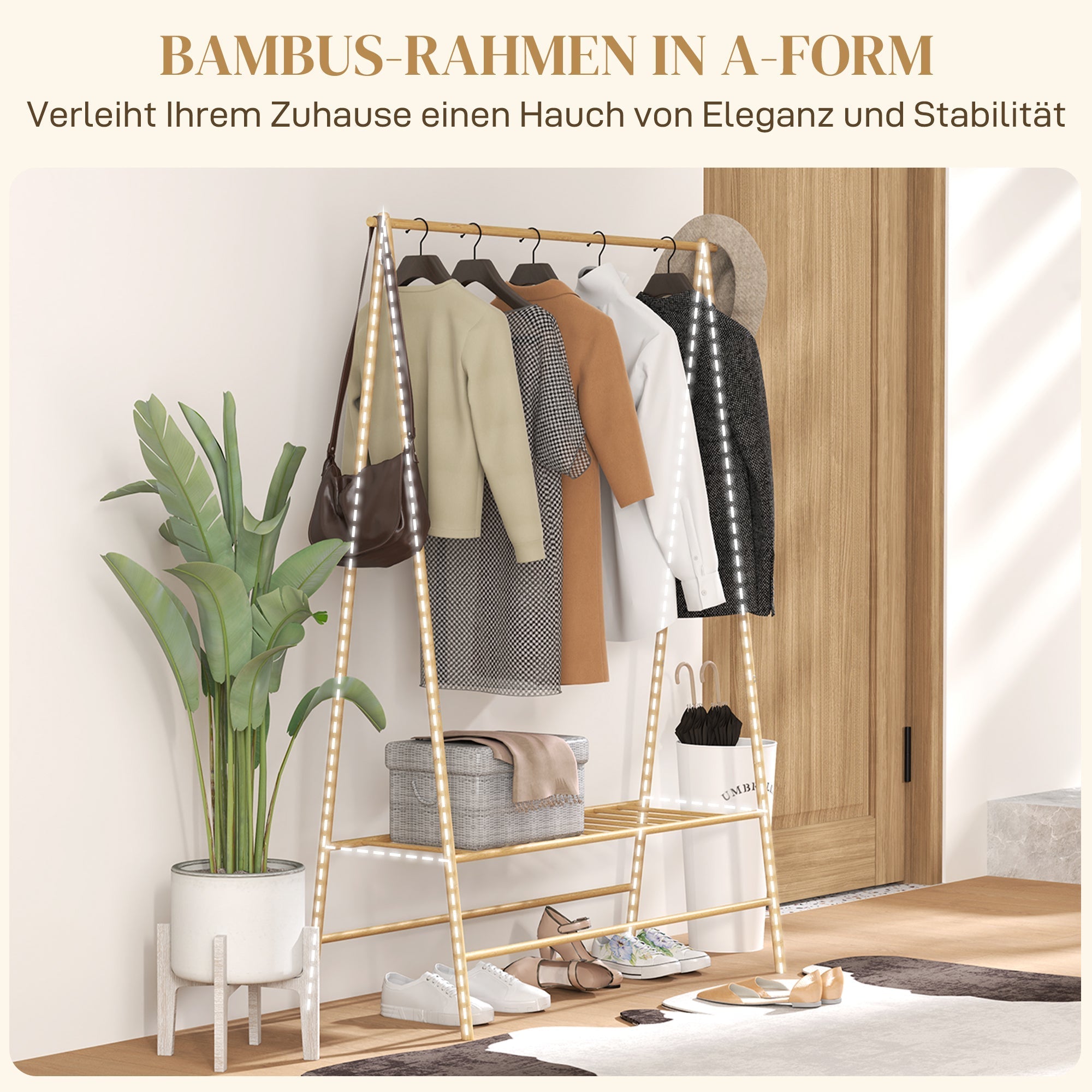 Bambus-Garderobenständer, Kleiderständer mit Ablagen & Haken, Naturholz