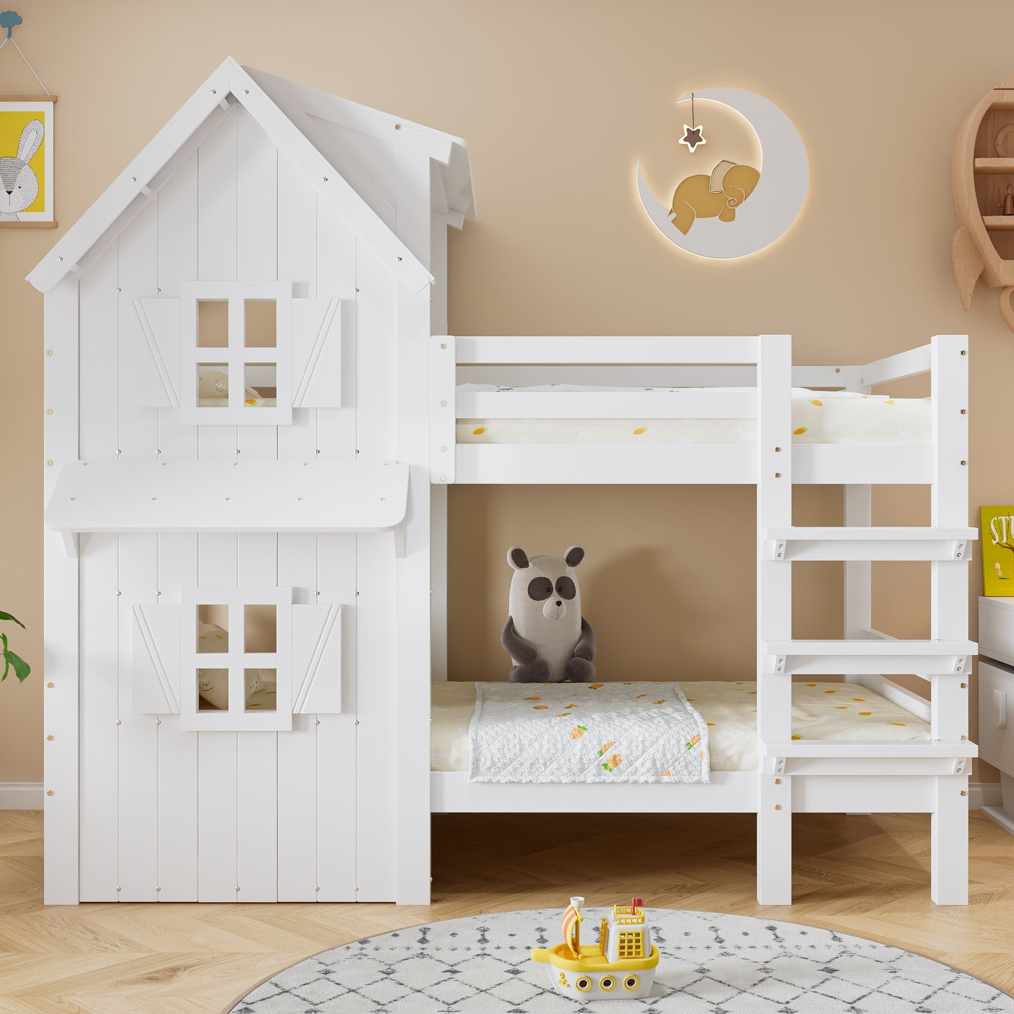 Bunk Bed Kids House, Safety Rails Ladder Slatted Base, Pine/MDF/Plywood White 90x200cm