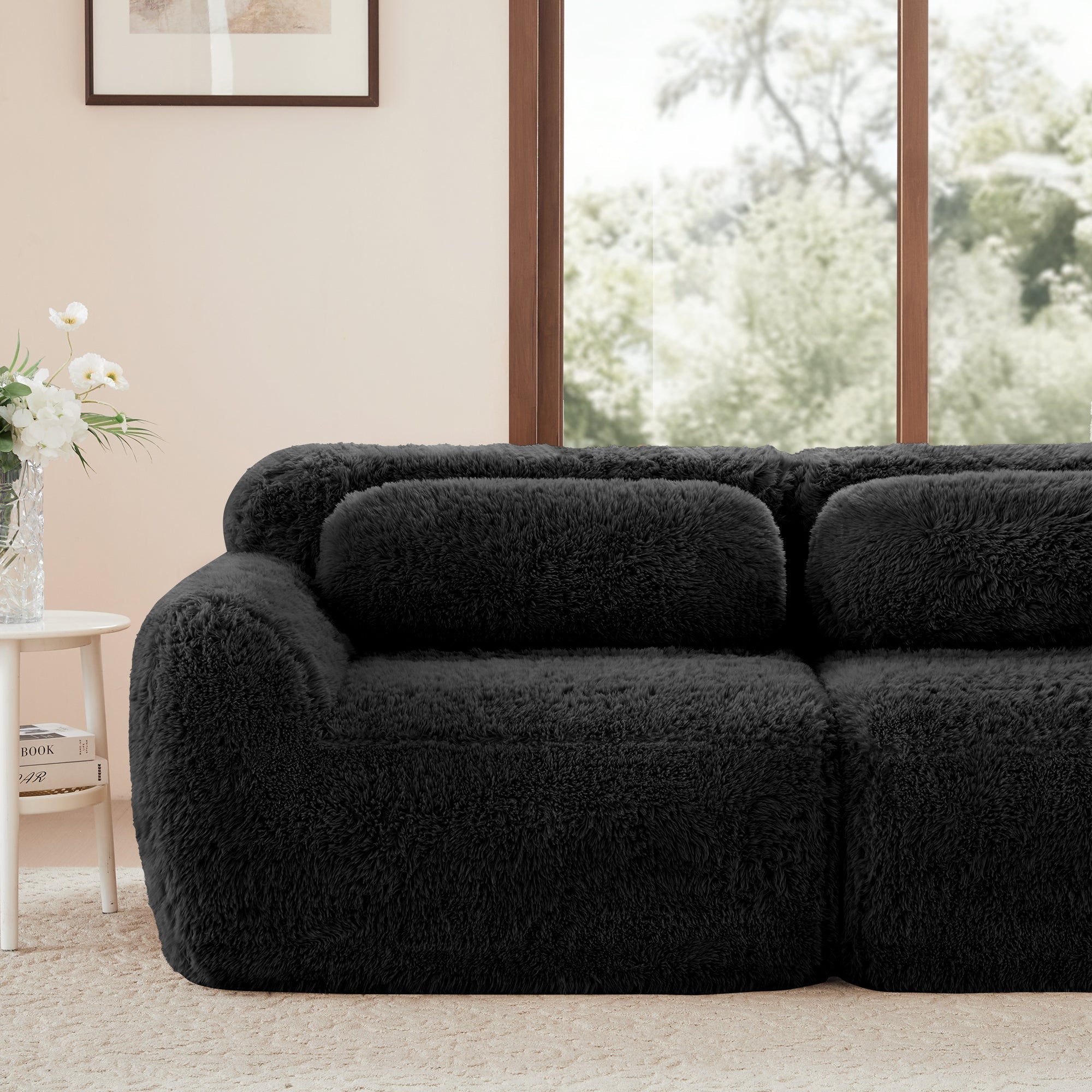 Boneless Cloud Sofas Modular 3-Seater Sleeper Sofa with 3 Ottomans Black Soft Plush Fabric