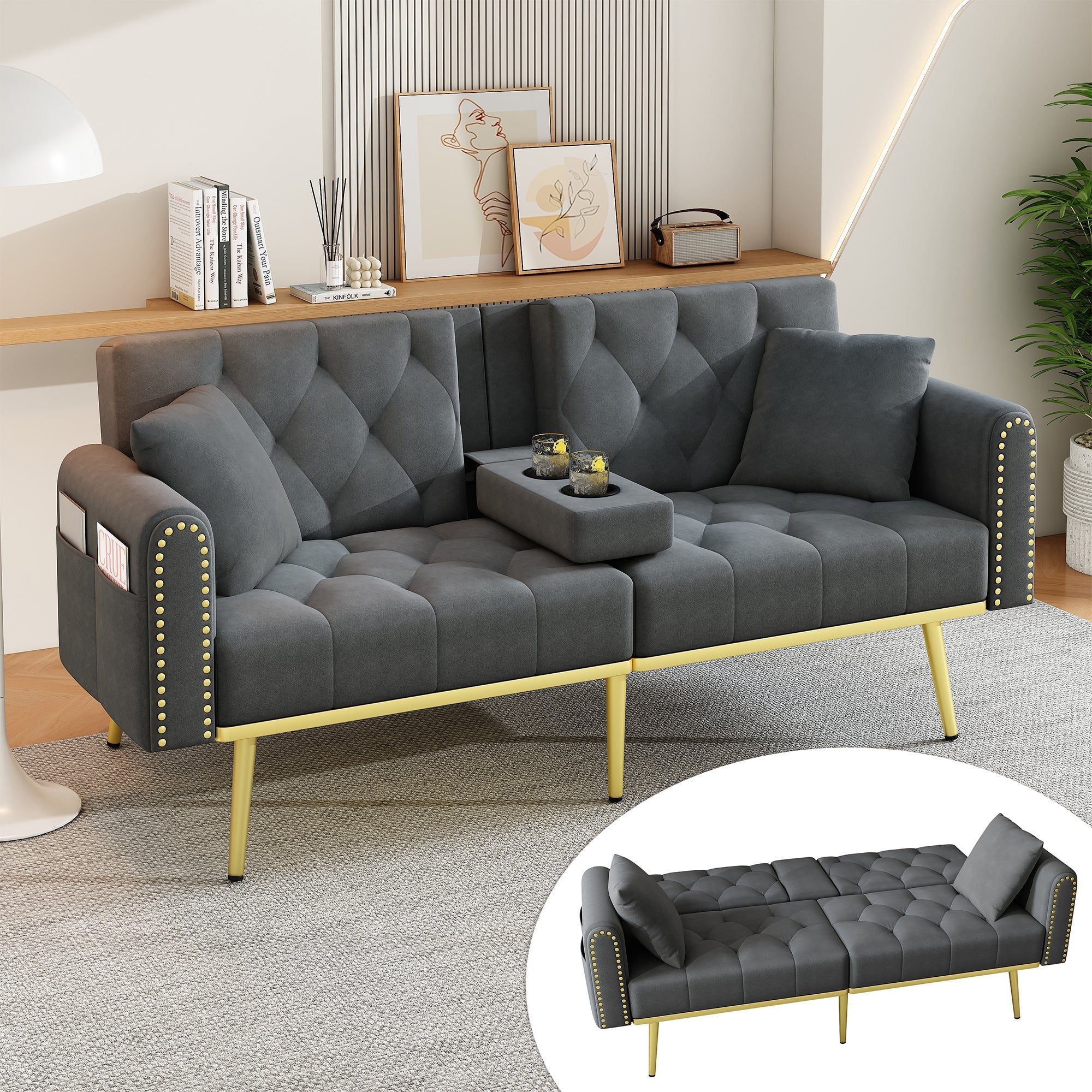 Double Fold-Out Sofa Bed Reclining 3-Position with Cup Holders Fabric Gray