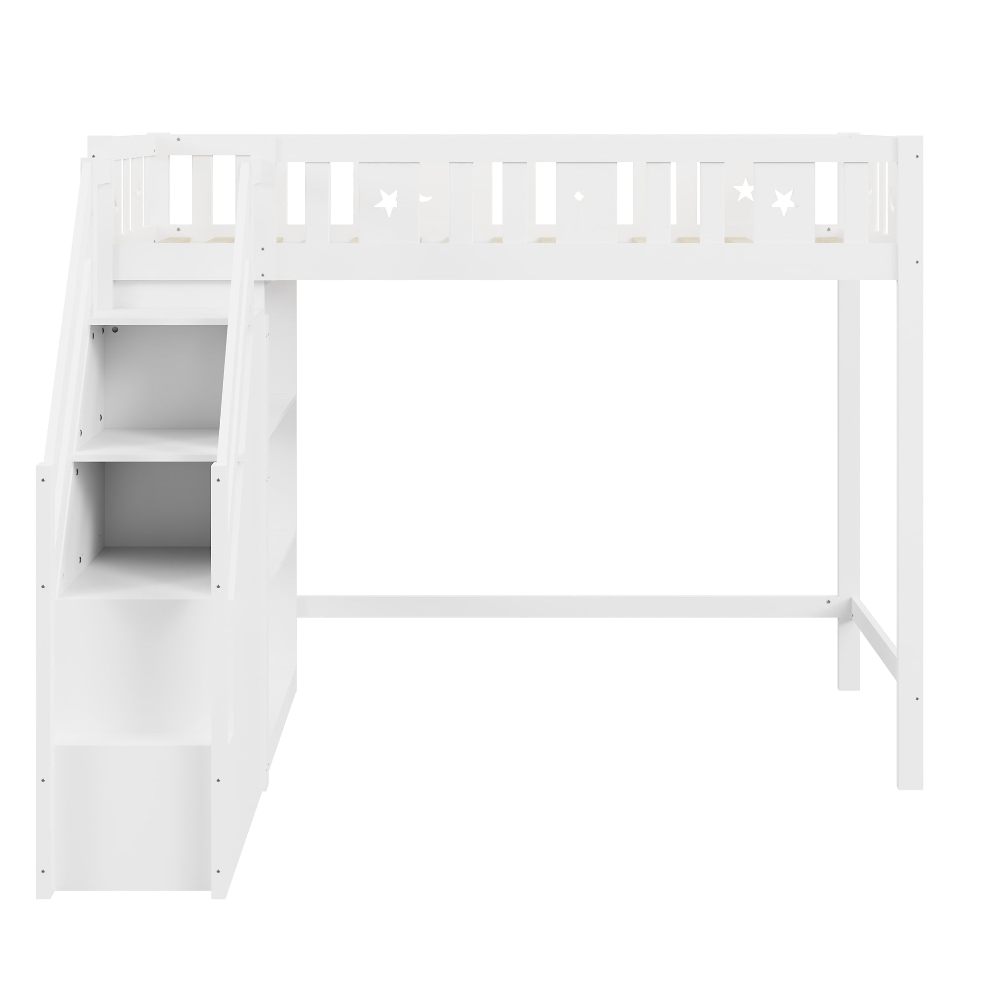 Loft Bed with Storage Ladder & Shelves, Single Wooden, Solid Wood Frame, White