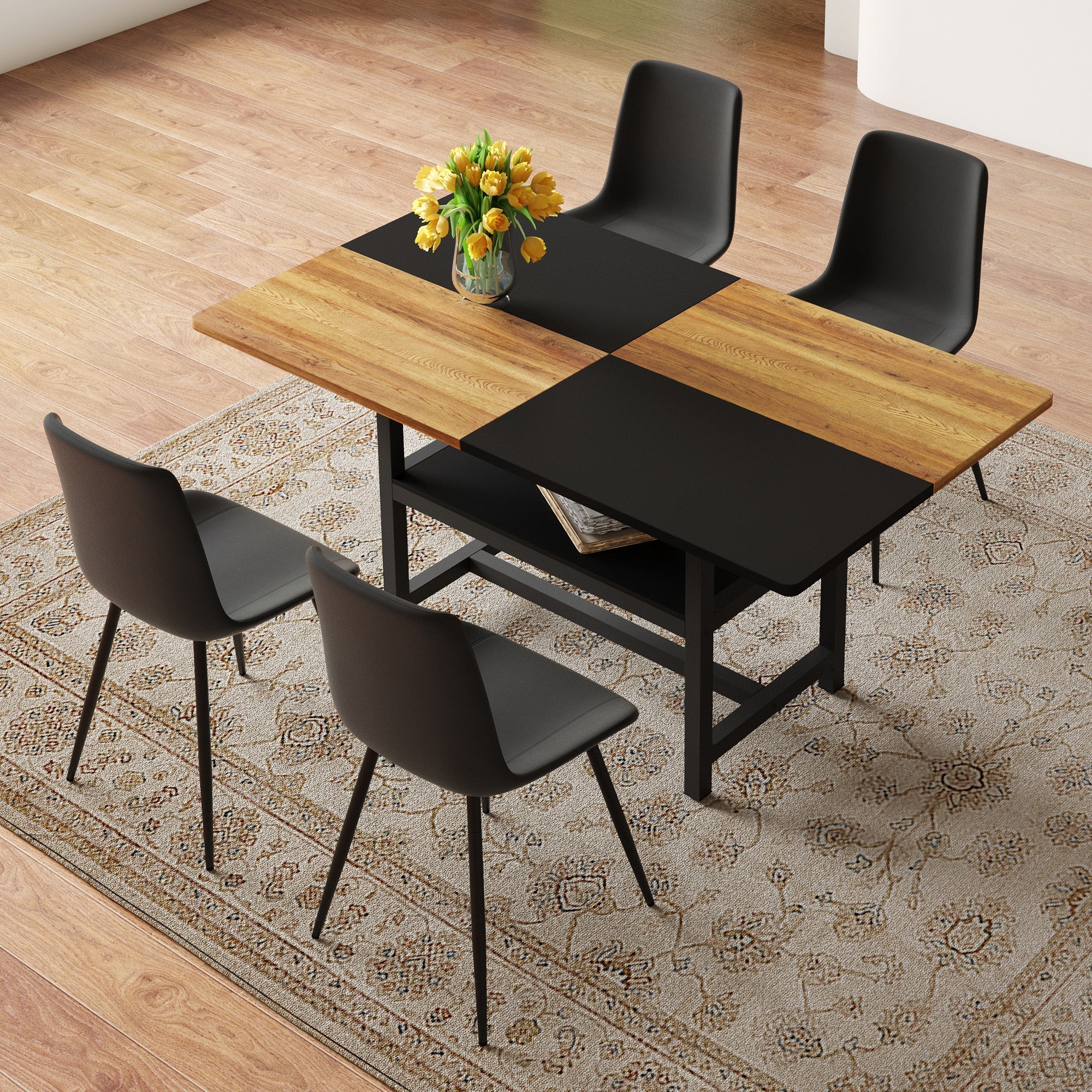 Dining Table Set 160cm Rectangular Storage 4 Chairs - Black PU