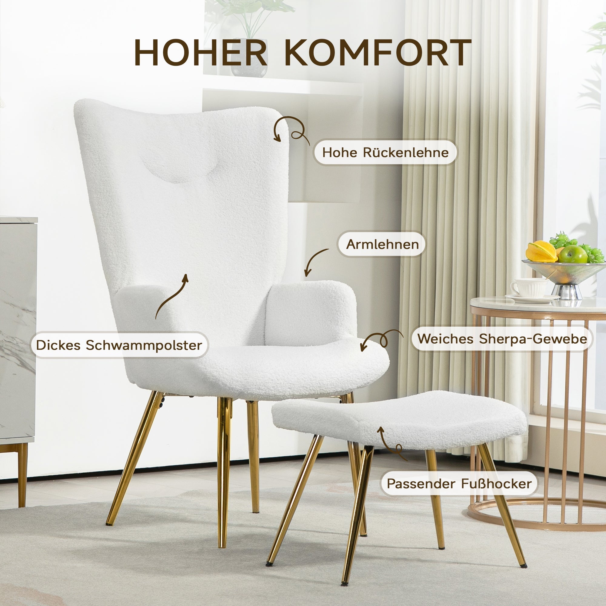 Wingback Chair with Footstool, High Back Armchair, Sherpa White