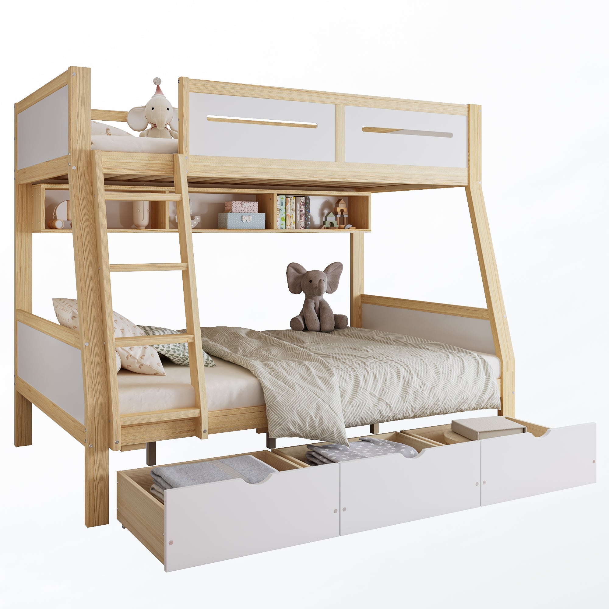 Bunk Bed, 3 Drawers, Book Stand, Fenced, Stepladder, Pine + MDF + Plywood, White + Natural