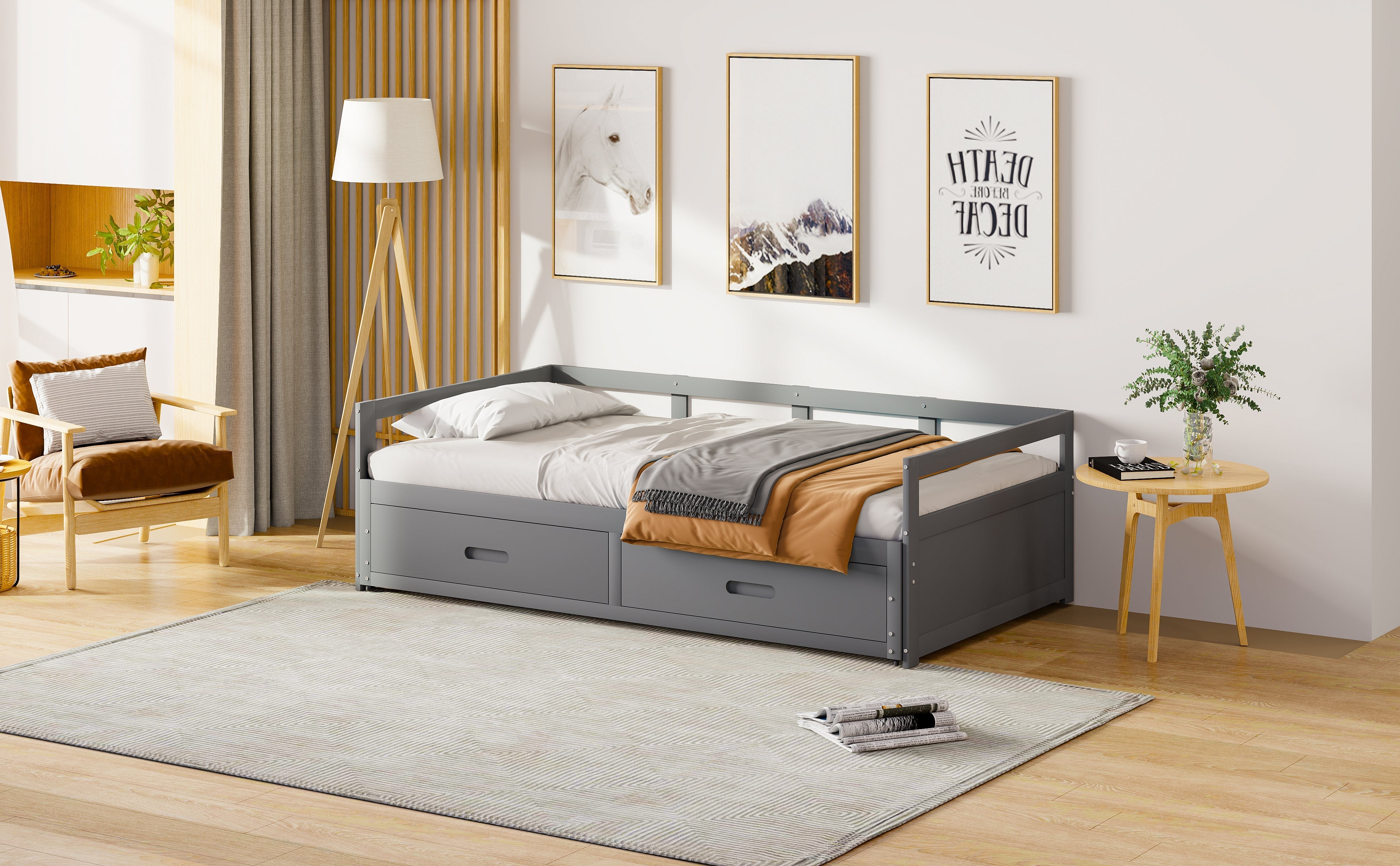 Pull-out Sofa Bed, 90/180*200 cm with Drawers, Pine, Grey
