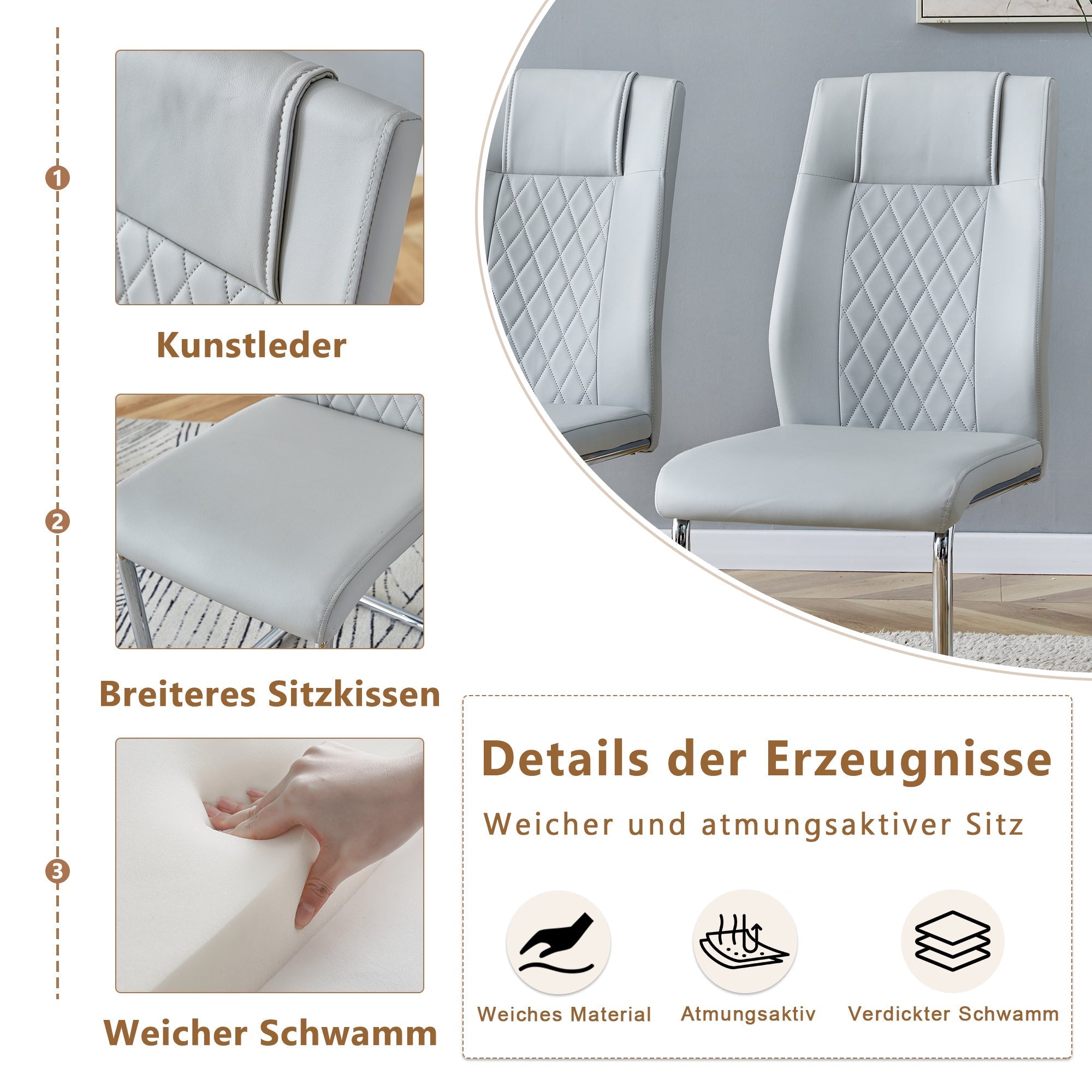 Scandinavian Dining Chairs Set of 4 Mesh Back Silver Metal Legs - Light Grey PU Leather