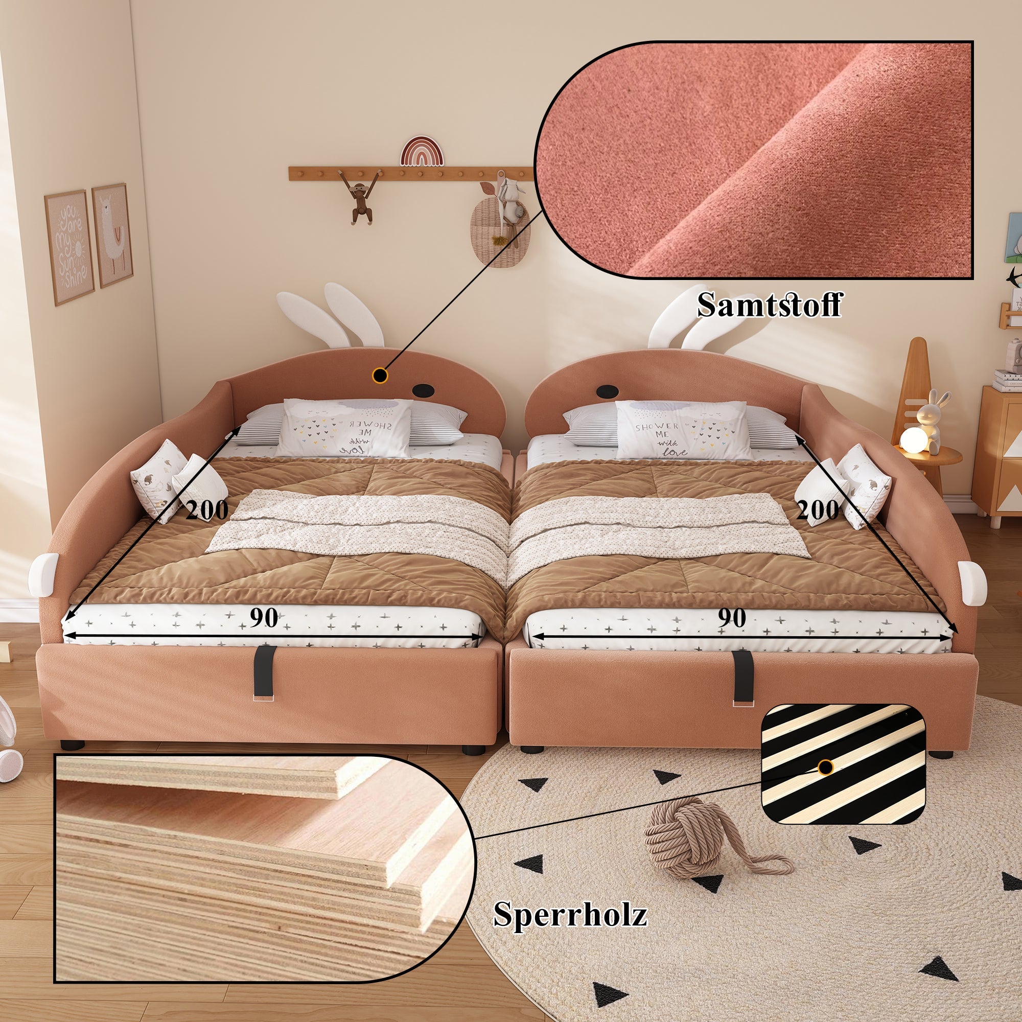 Upholstered Bed, Children's Hydraulic with Bunny Headboard & Storage, Velvet Pink+White