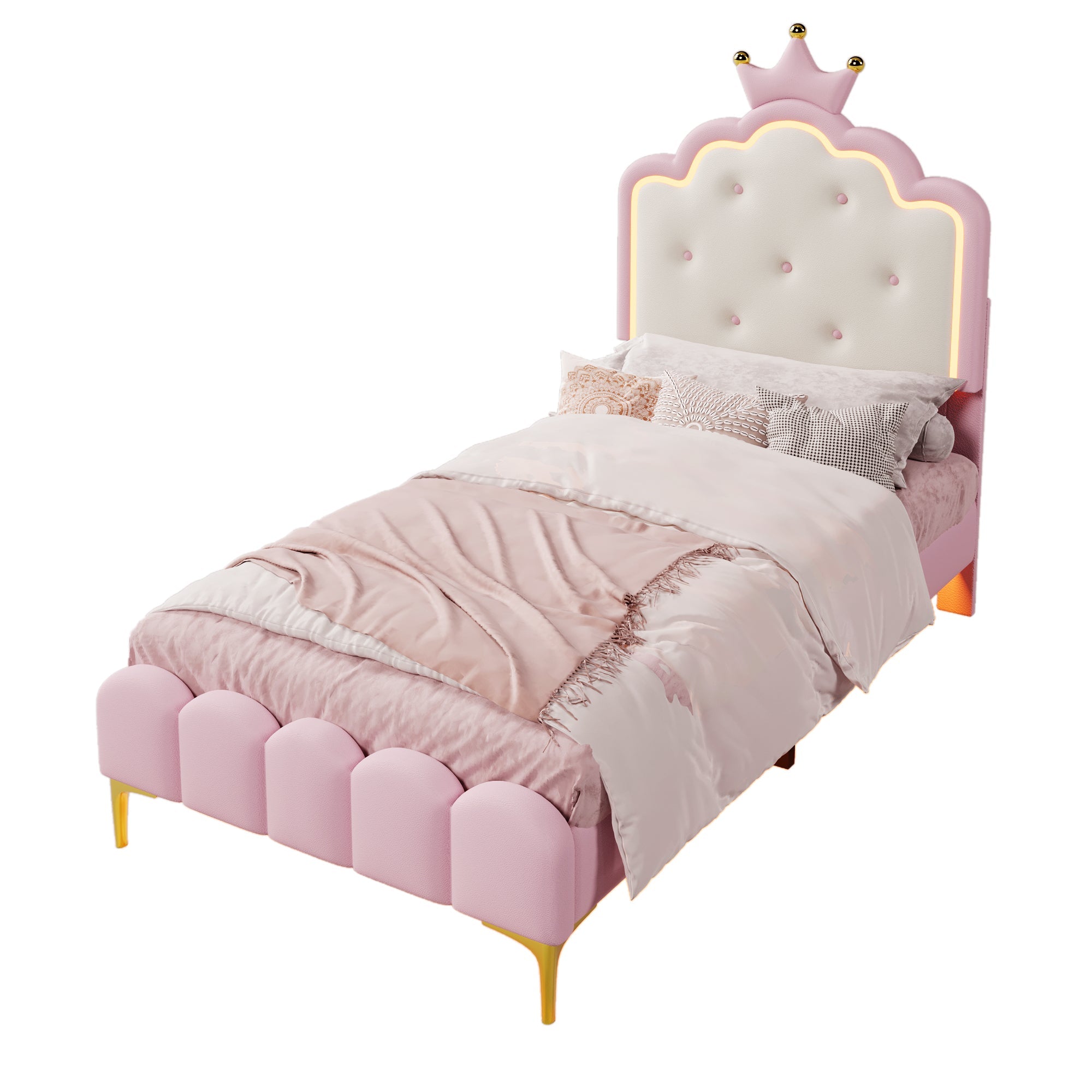 Upholstered Bed Princess Shape 90x200cm Ambient Light Pink PU Material