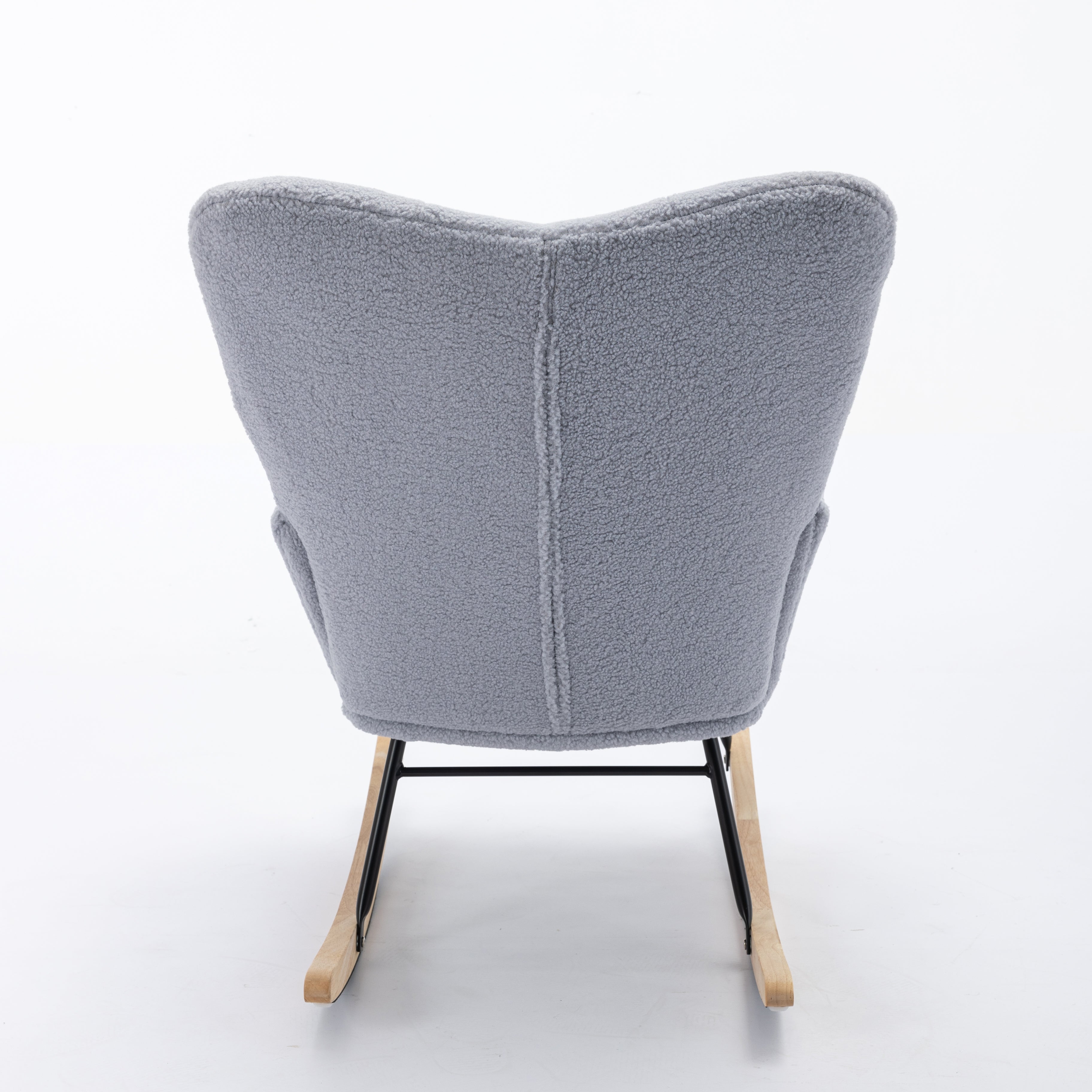 Mid century modern rocking chair with tufted cover and padded seat, light grey