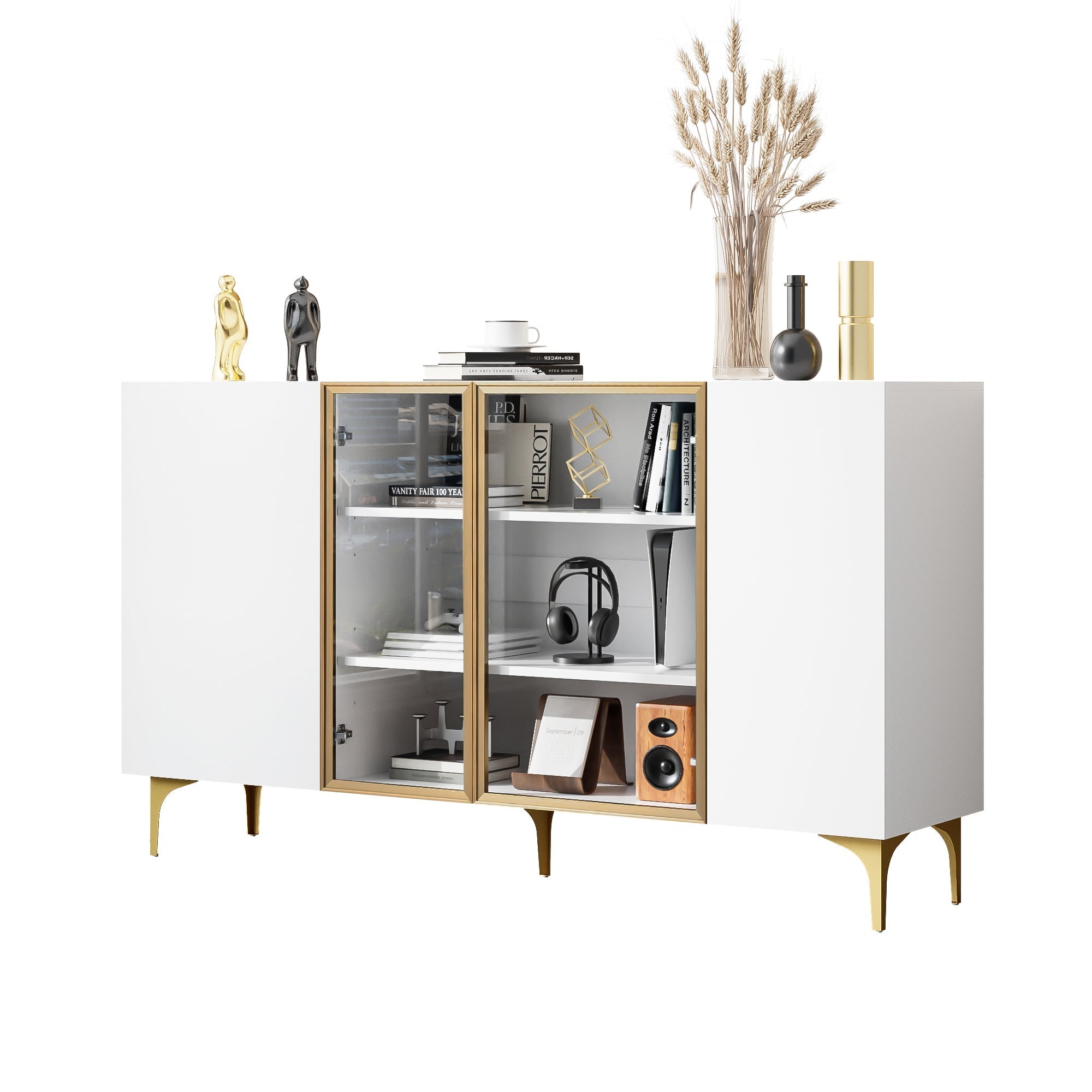 Sideboard, 4-Door with Glass & Metal, Handleless, White