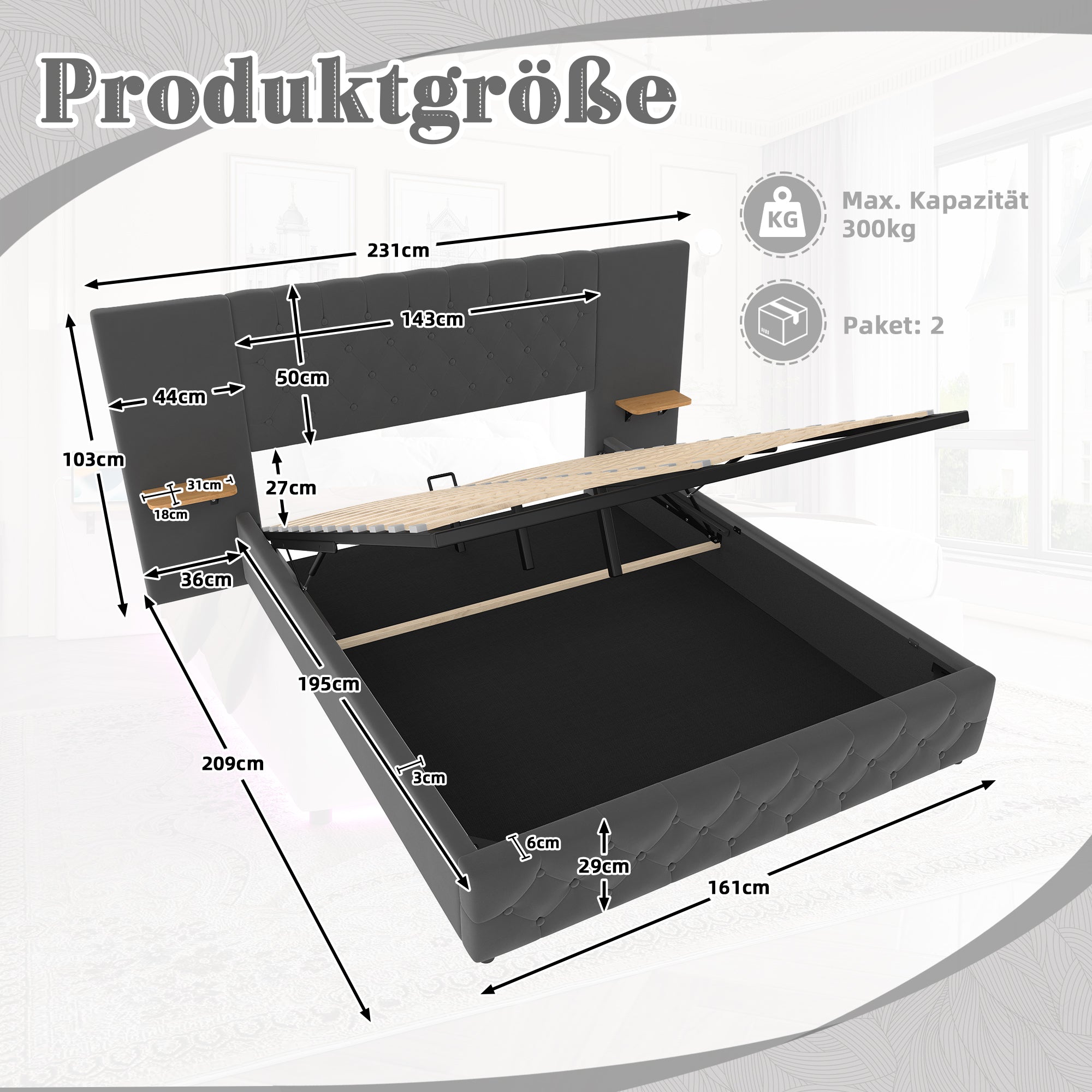 Bed Frame 160x200cm Wide Headboard LED USB Hydraulic Storage System