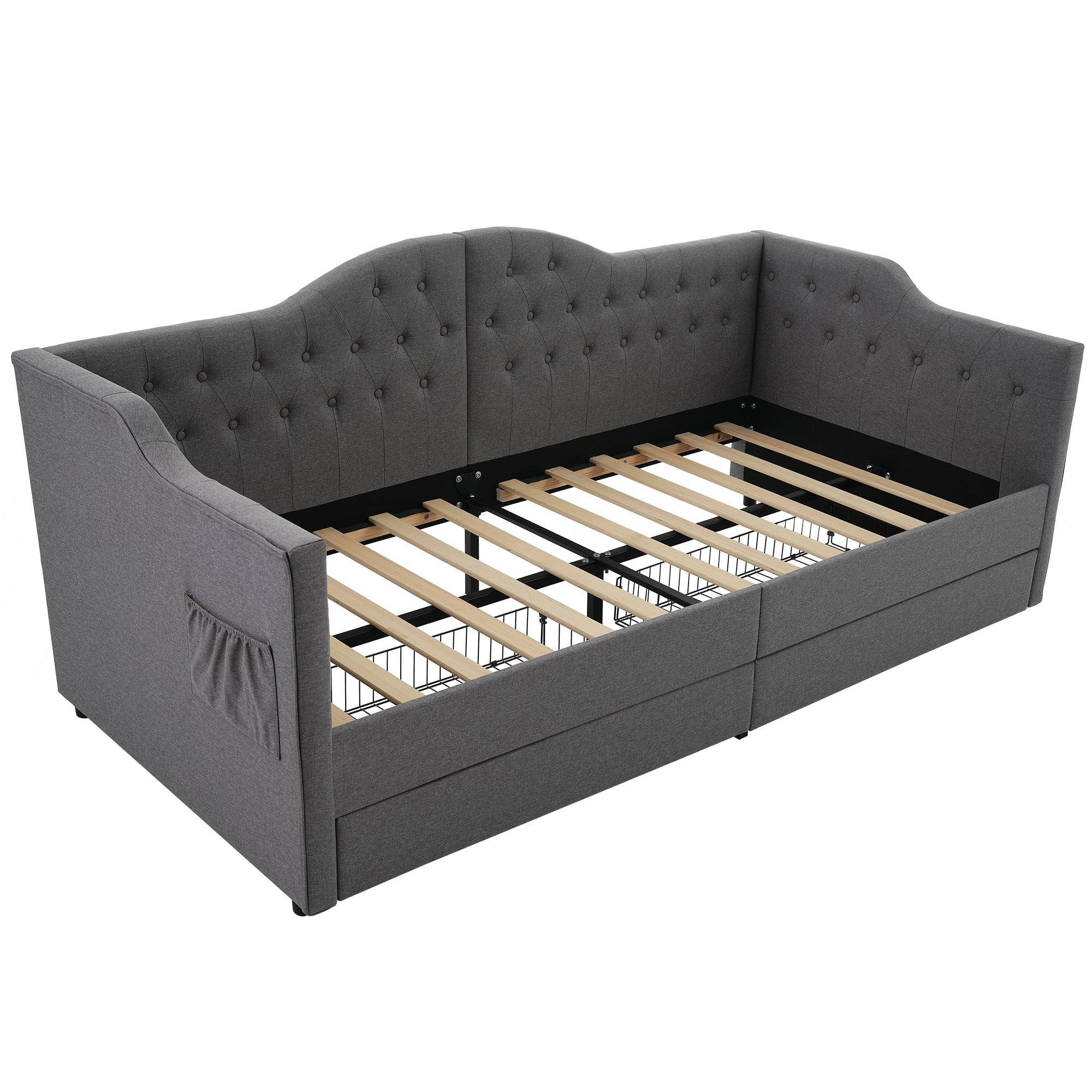 Upholstered Bed Daybed Sofa Bed Storage Bed with USB-C, 2 Drawers, 90x200cm, Grey Linen