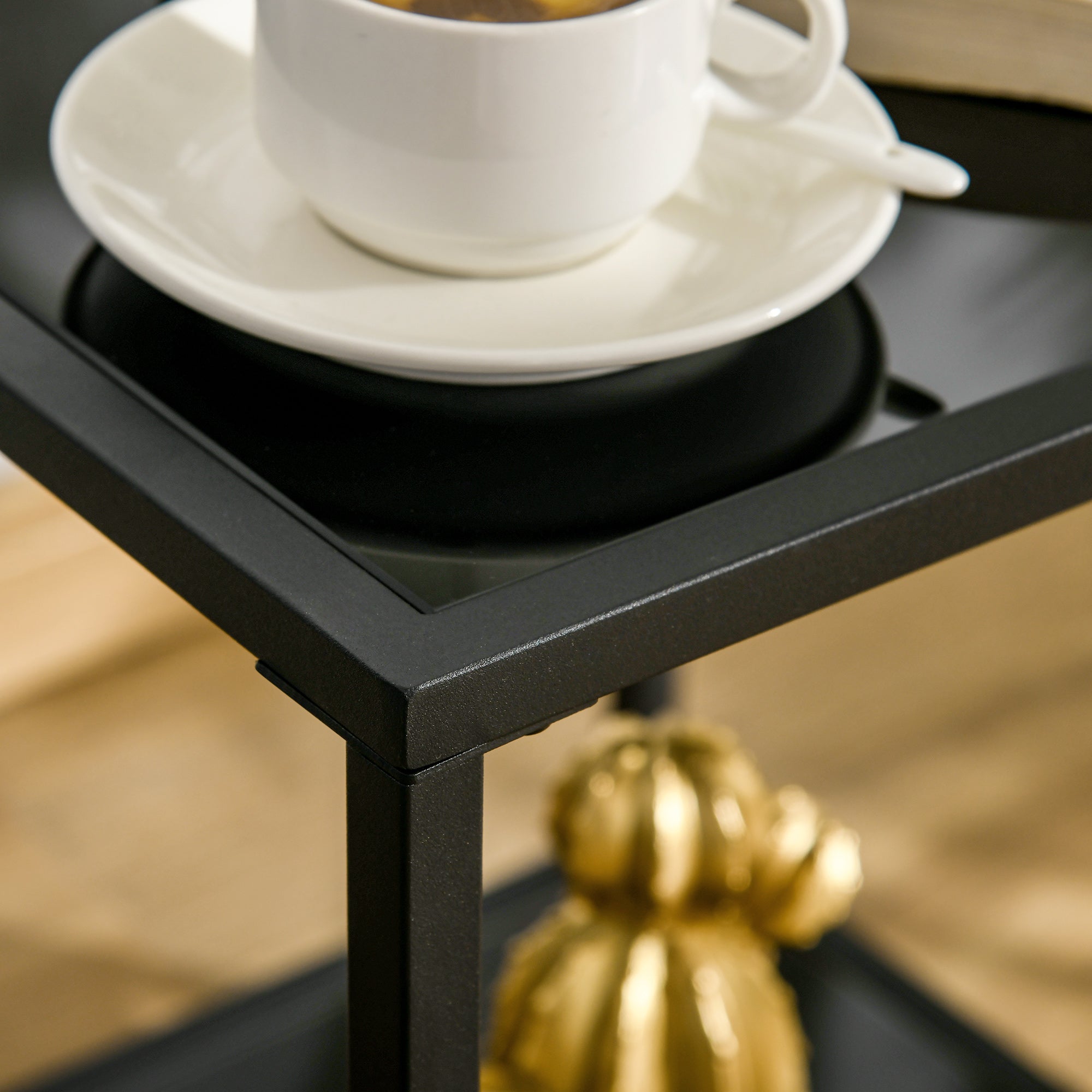 Beistelltisch, 2-stöckiger Couchtisch, 40 x 40 x 50 cm, gehärtetes Glas, Stahl, Schwarz