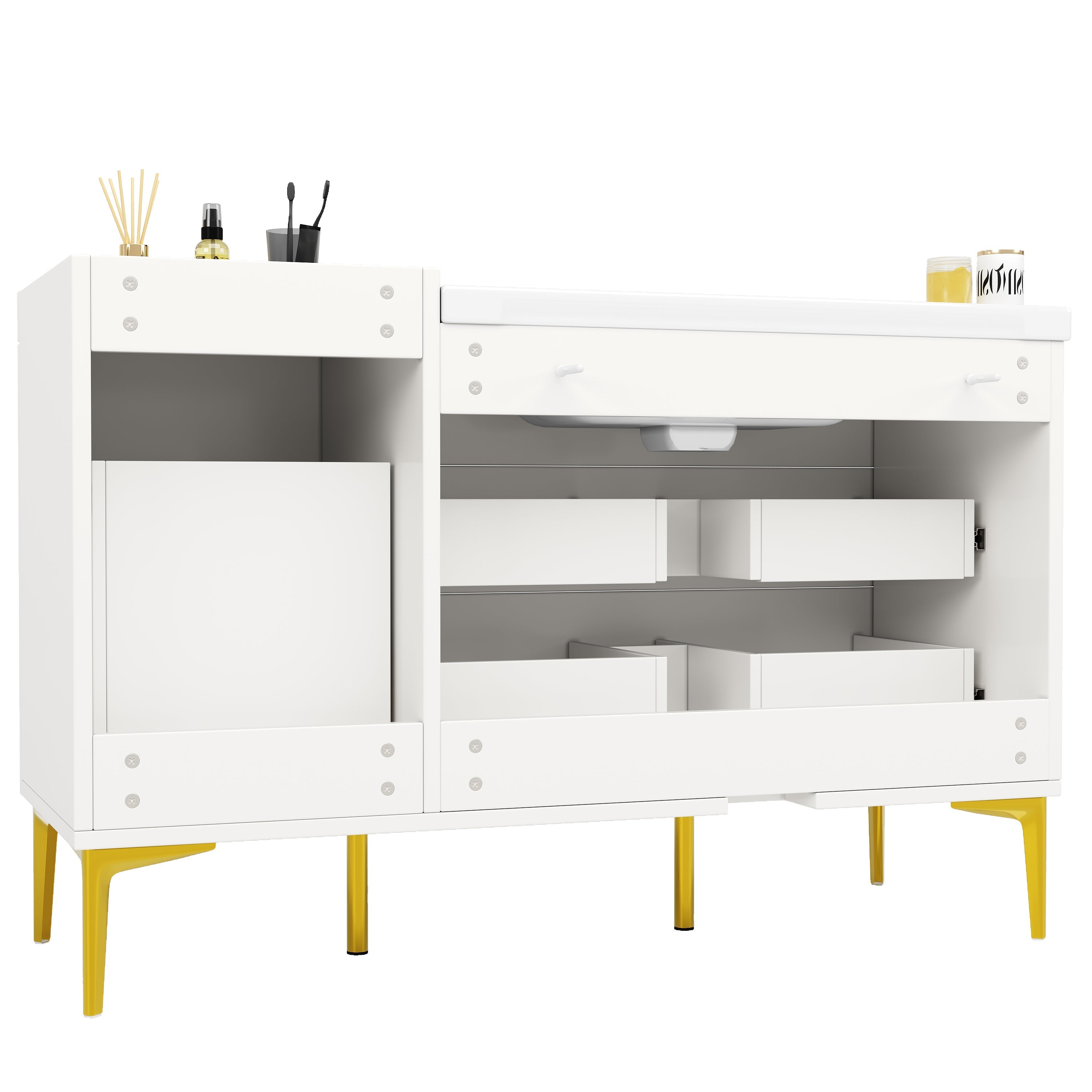 Bathroom Vanity Unit with Ceramic Sink and Storage Drawers, White and Gold